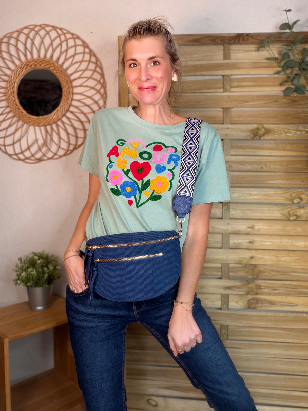 Sac banane en velours côtelé, sangle fantaisie - KATY - Bleu marine - FIN DE SÉRIE