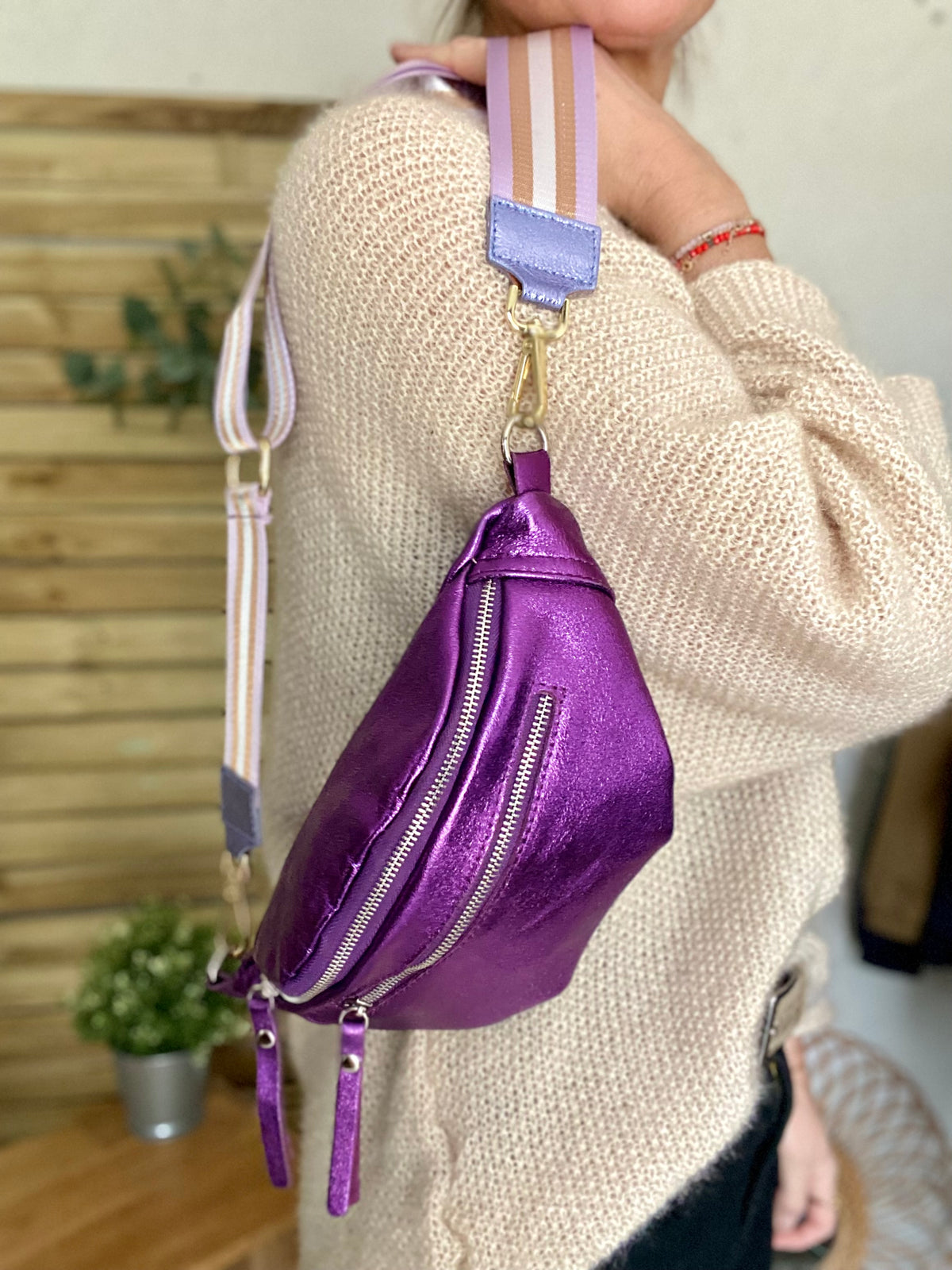Sangle / Bandoulière rayée avec empiècement cuir irisé - RUBY - FIN DE SÉRIE