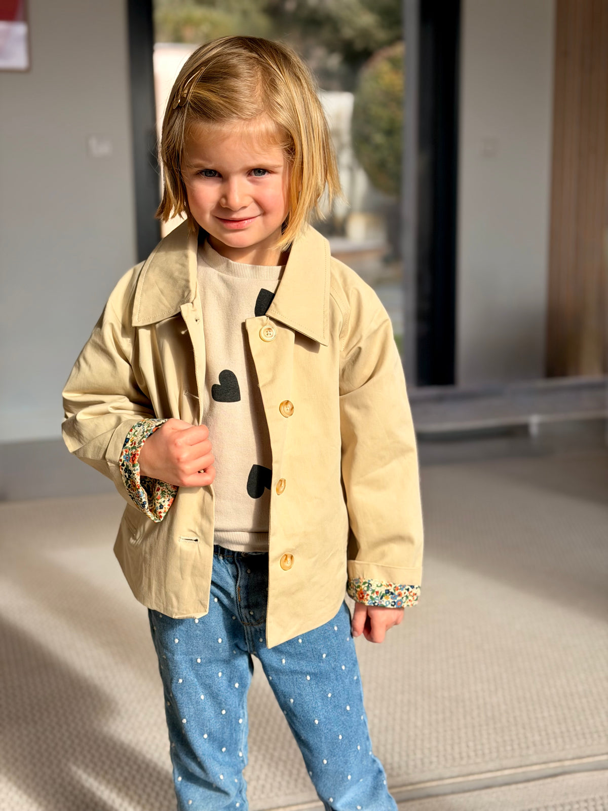 Veste Trench en coton beige avec Liberty - MARION (Taille 2 ans à la Taille XL)