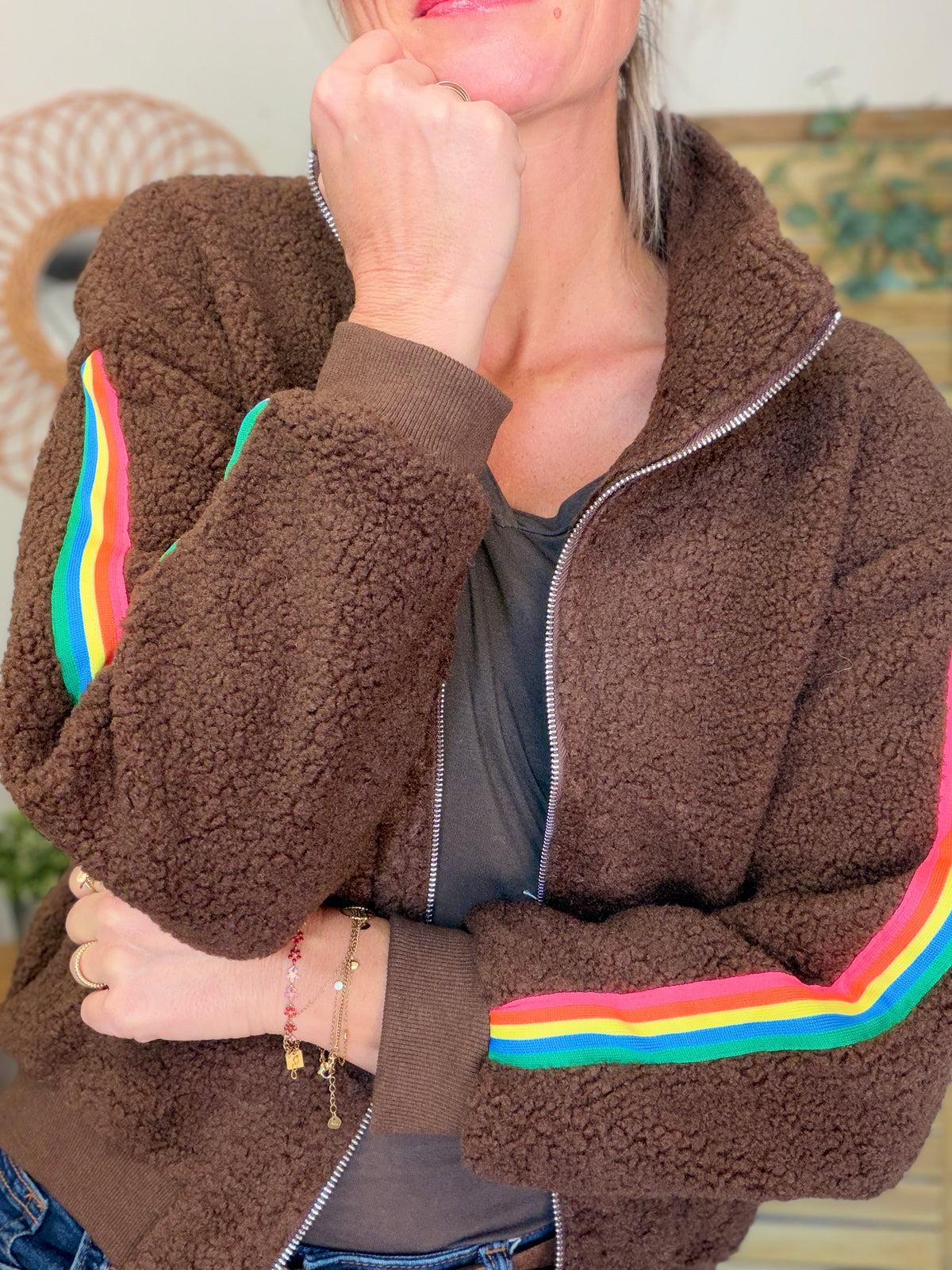 Veste Sherpa zippée bandes Arc-en-ciel CORALIE Chocolat 🌈