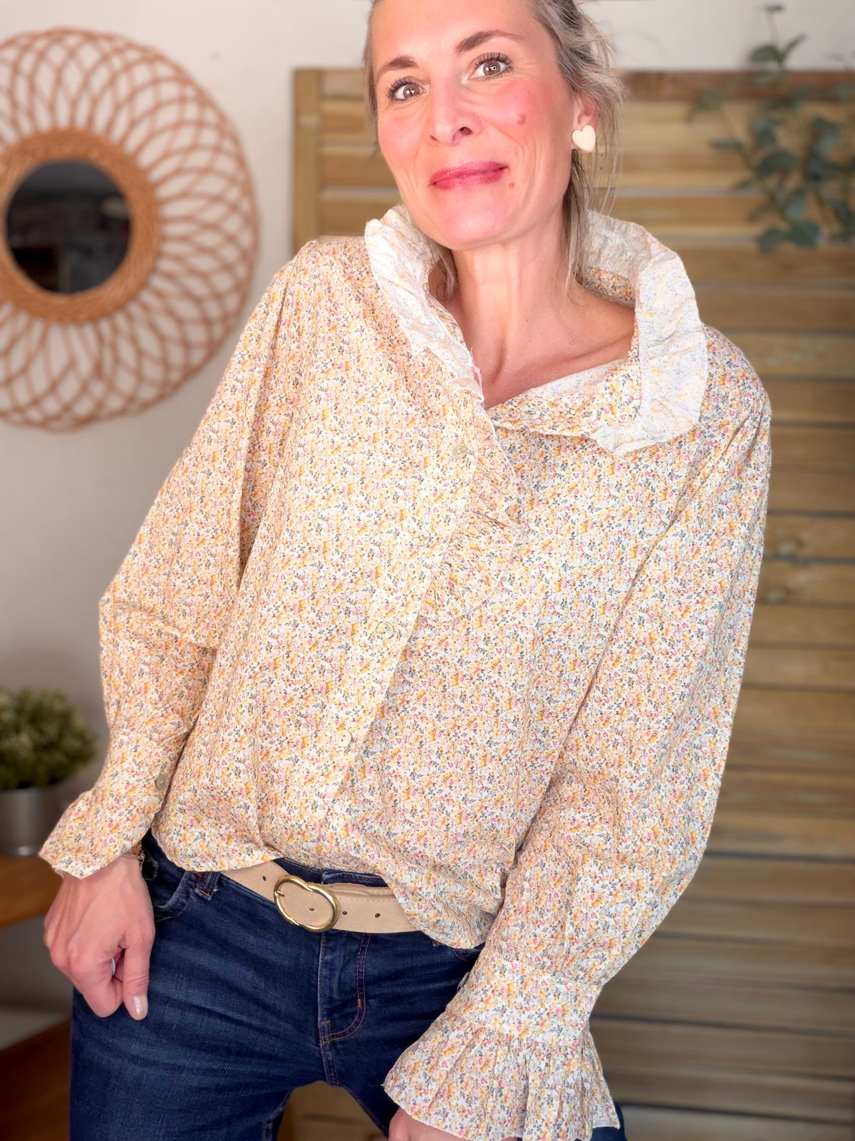 Chemise imprimée Liberty col volanté HÉLOÏSE - Jaune - FIN DE SÉRIE