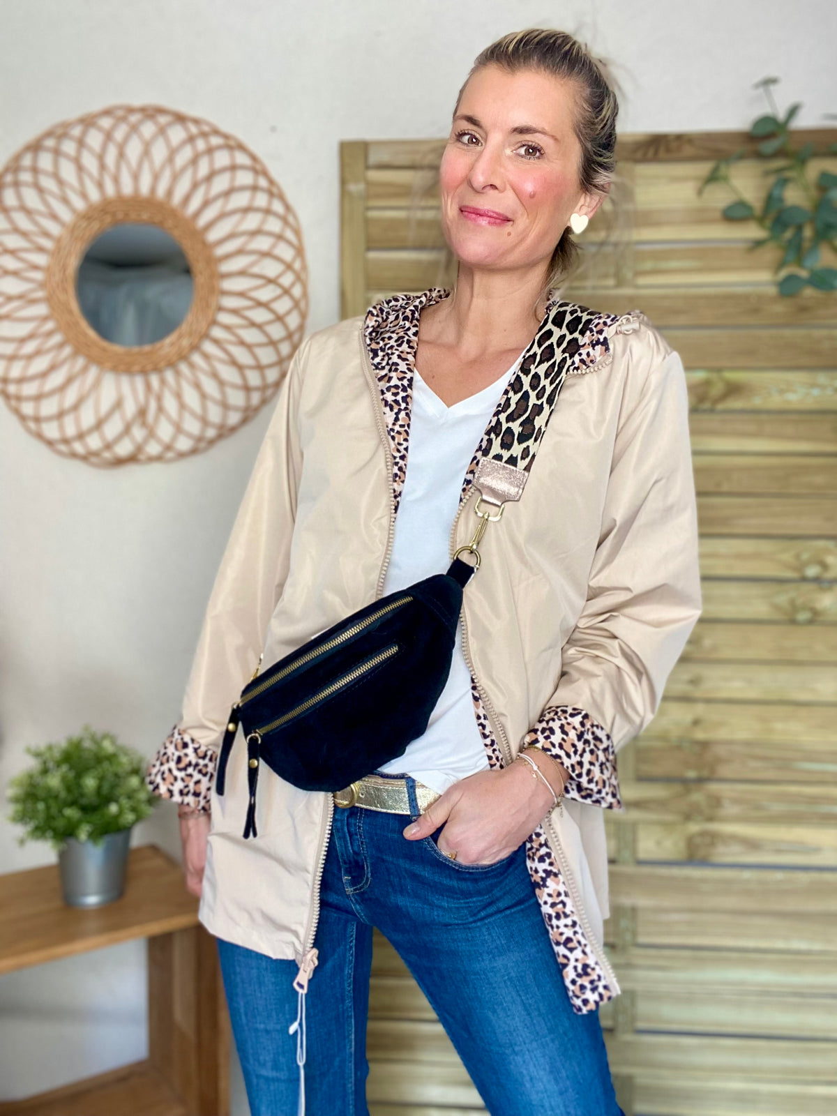 Sac banane double poche en cuir daim - OPALINE - Noir
