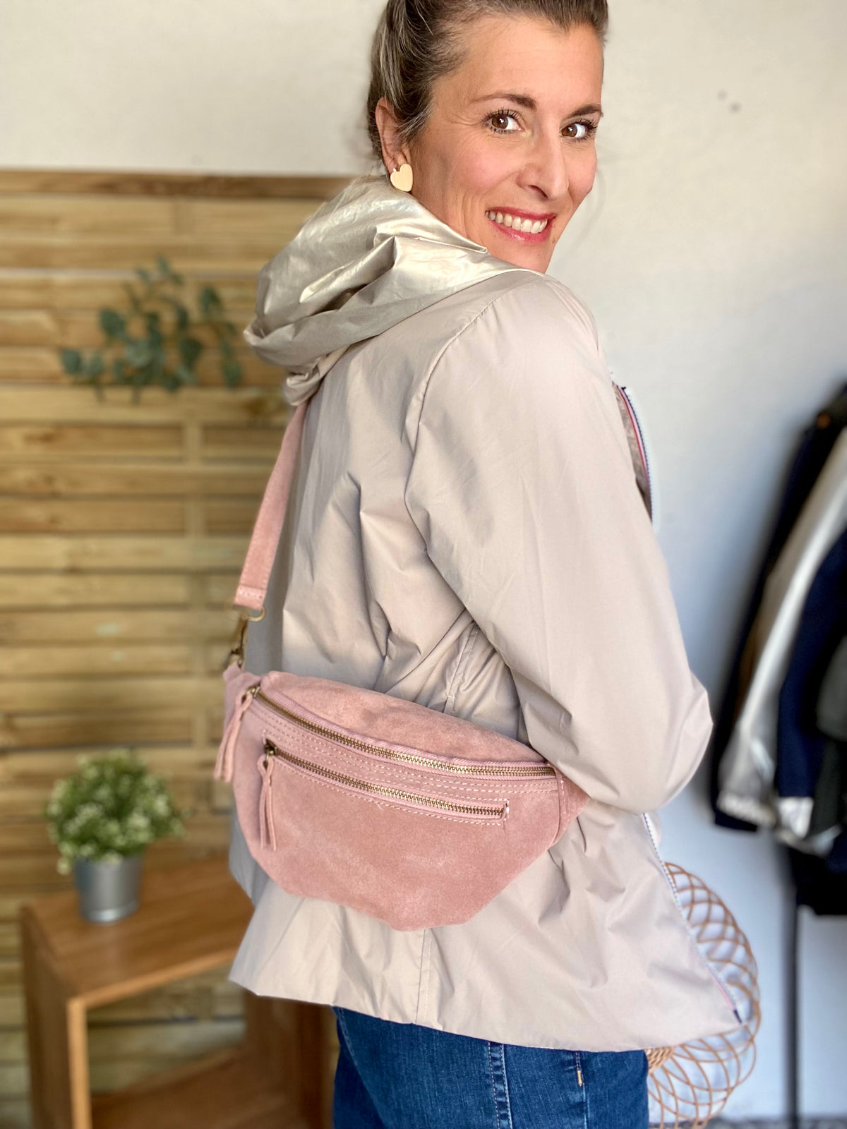 Sac banane double poche en cuir daim - OPALINE - Rose clair / Vieux rose