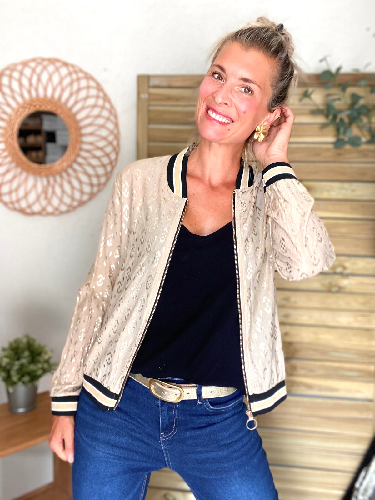 Veste bombers léger EMILY - imprimé Doré Beige (losanges)