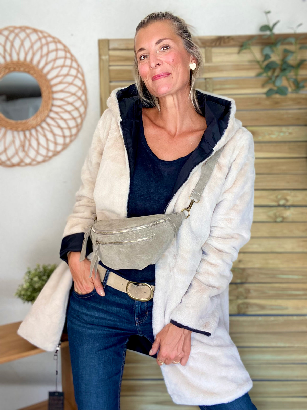 LAURA JO - Parka Imperméable réversible fourrée Noir / Beige ALIX long