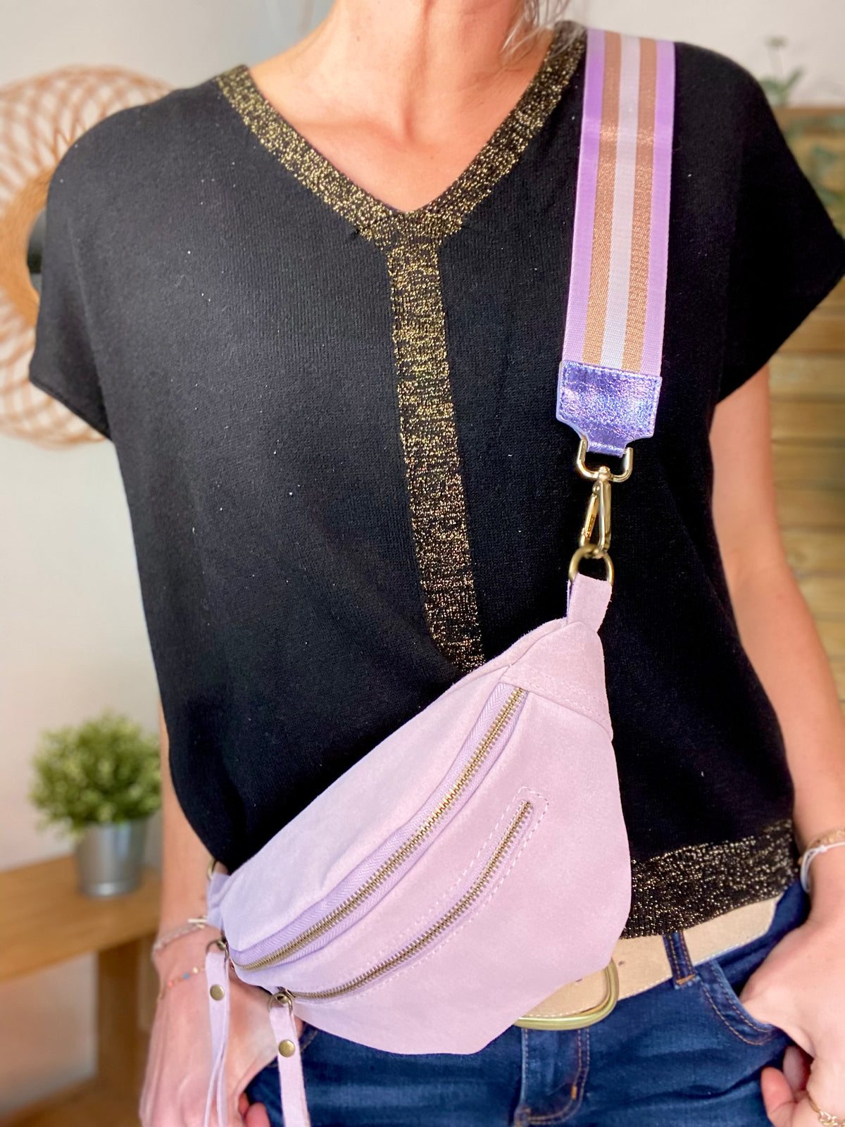 Sac banane double poche en cuir daim - OPALINE - Lilas