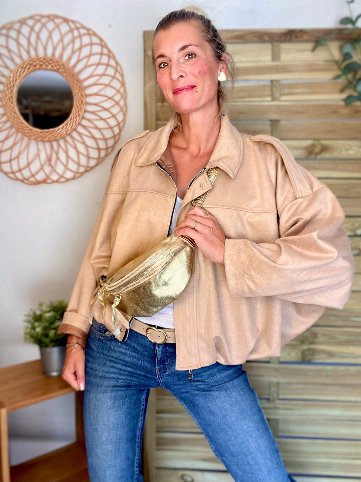 Sac banane en cuir irisé double poche - OPALE - Doré / doré