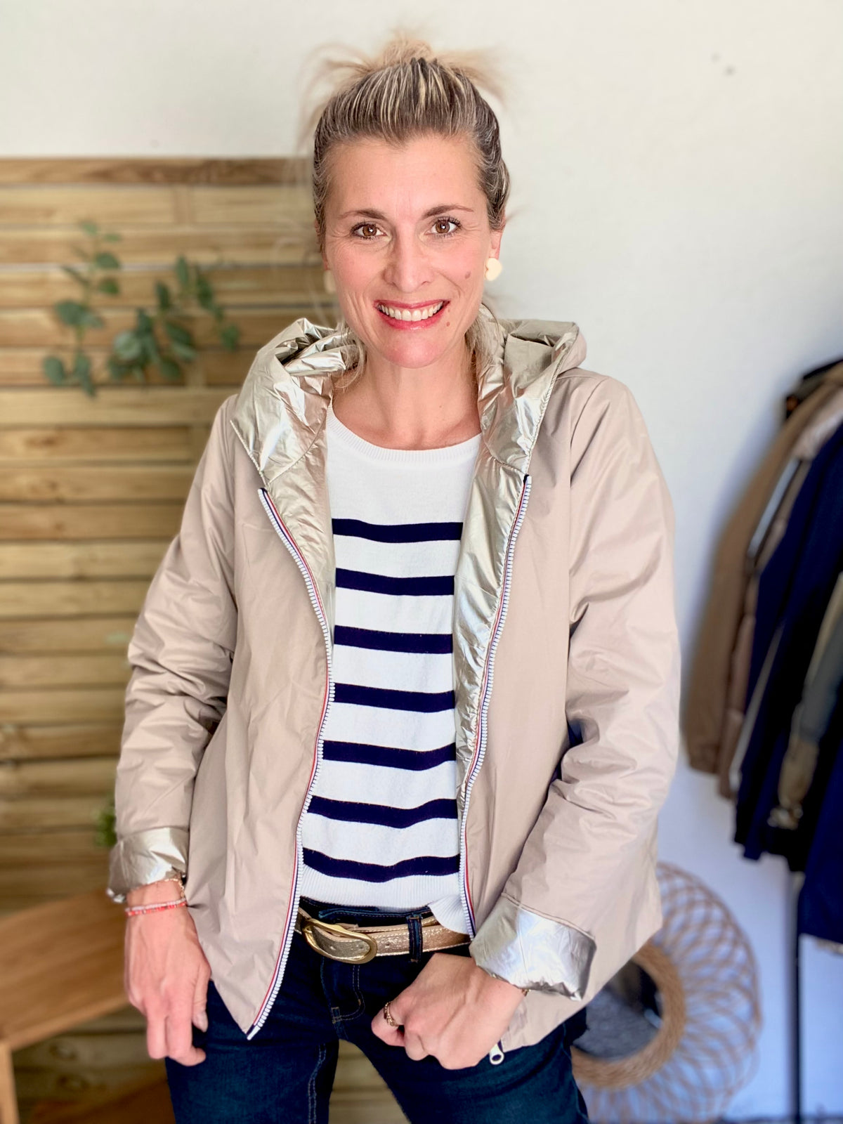 LAURA JO - Imperméable réversible rembourré LOUISON COURT - Beige / Doré • DÉSTOCKAGE sur Taille XL