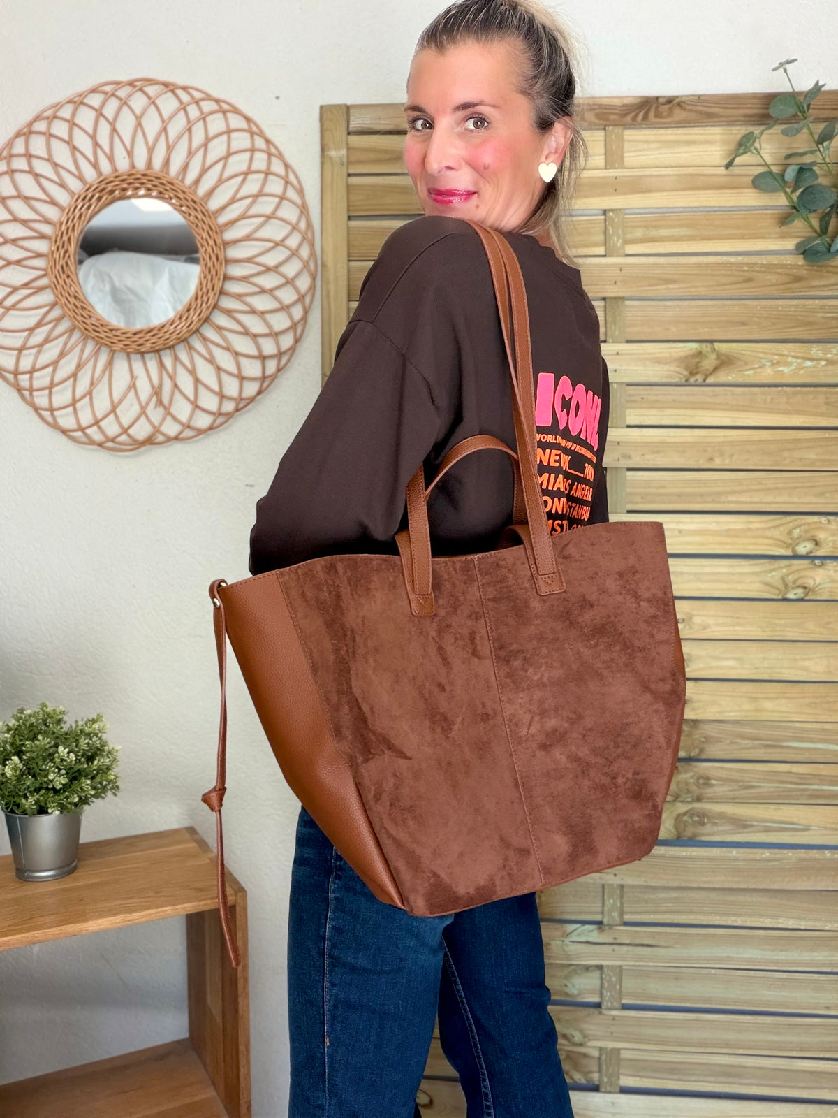Grand Sac cabas 2 en 1 en simili daim - LAURÈNE Camel