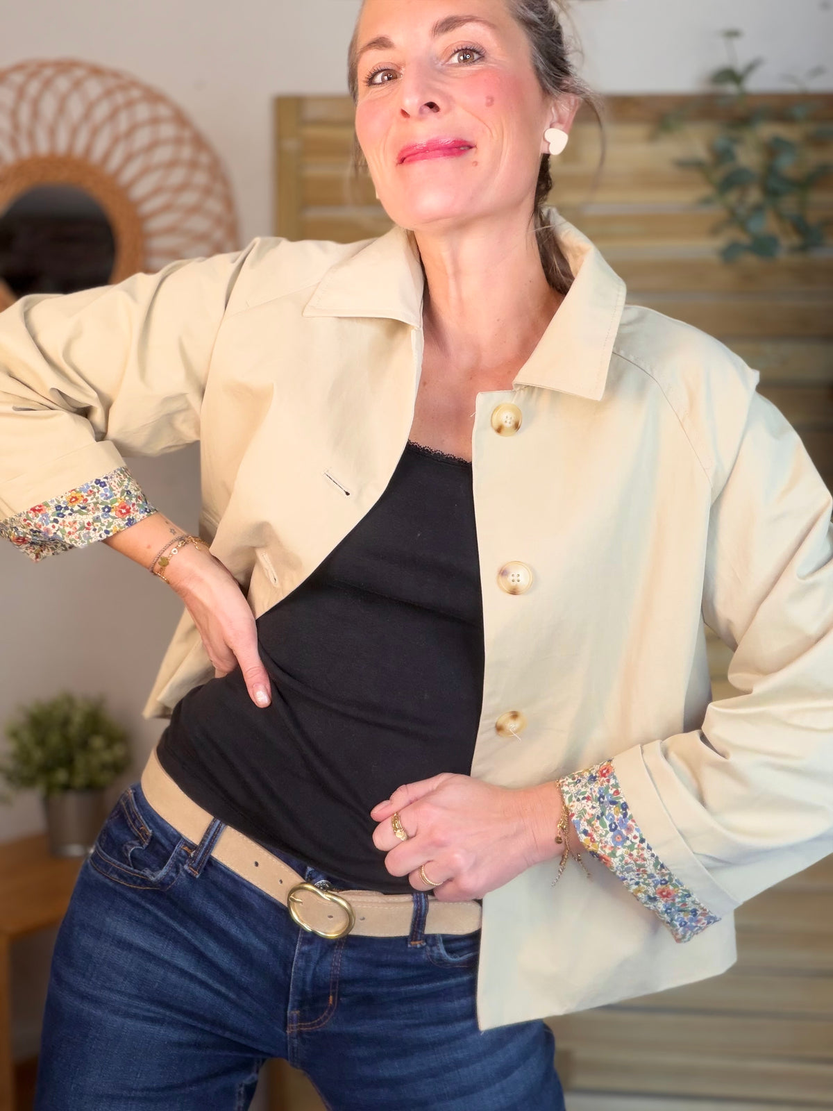 Veste Trench en coton beige avec Liberty - MARION (Taille 2 ans à la Taille XL)