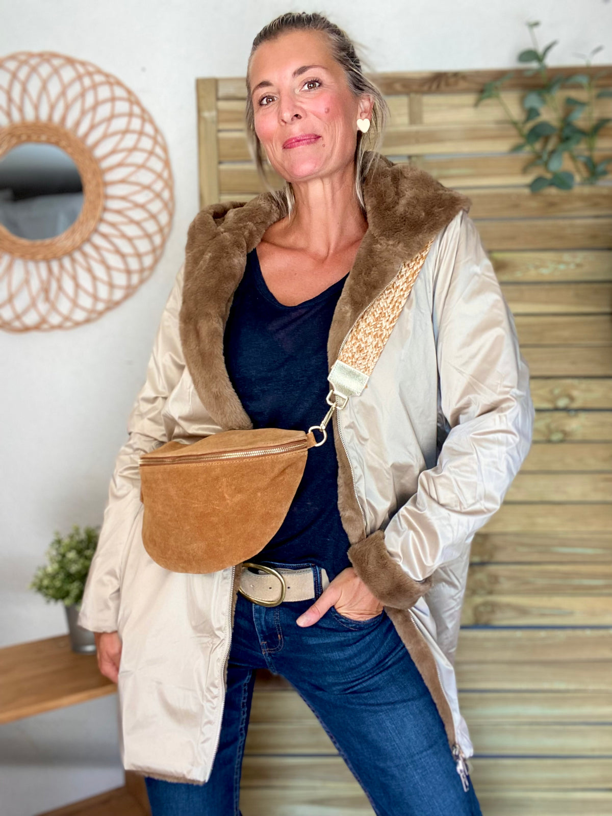 LAURA JO - Parka Imperméable réversible fourrée Sable irisé / Camel ALIX Long