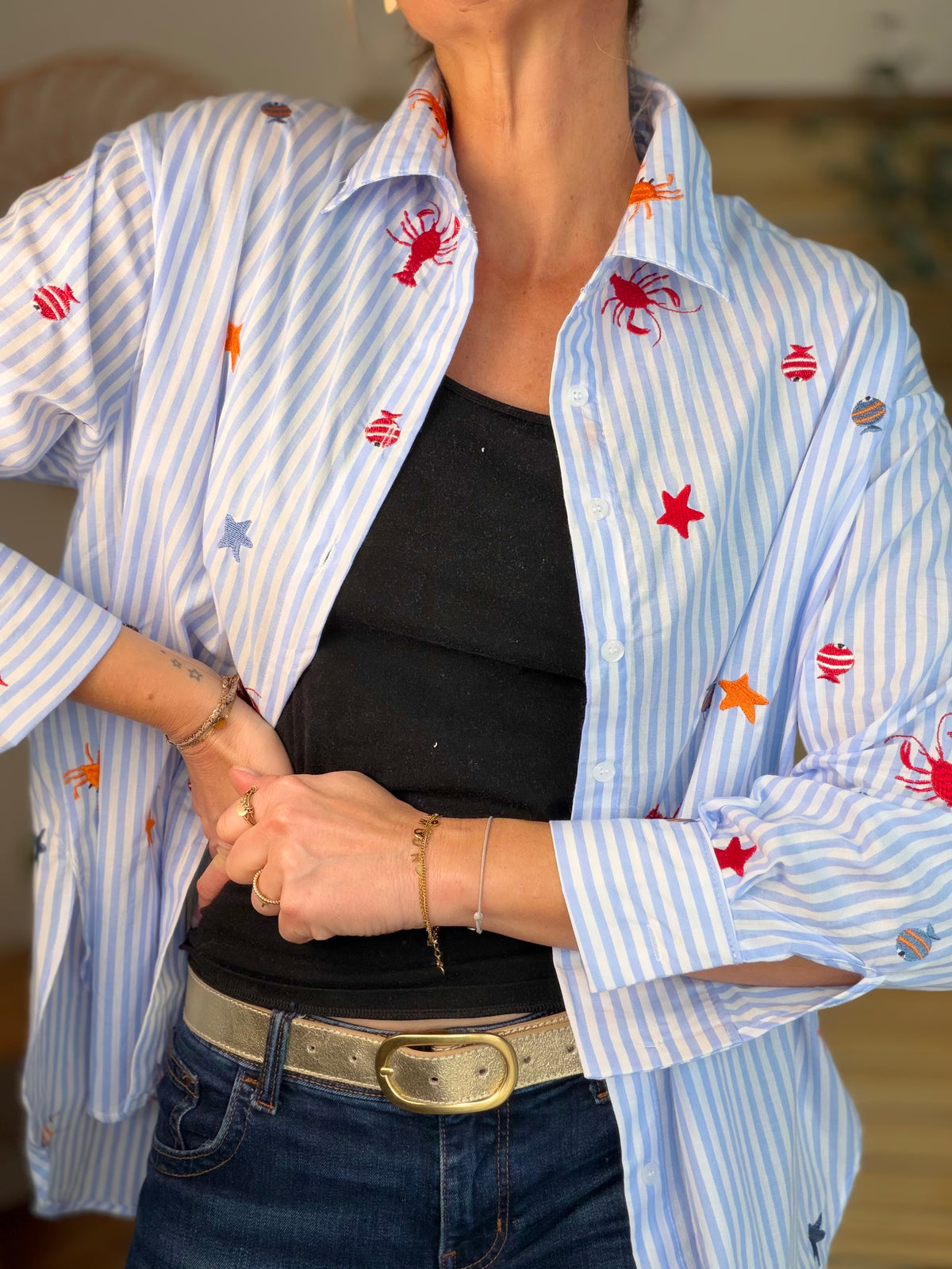 Chemise bleue à rayures coquillages et crustacés - ELORY - FIN DE SÉRIE