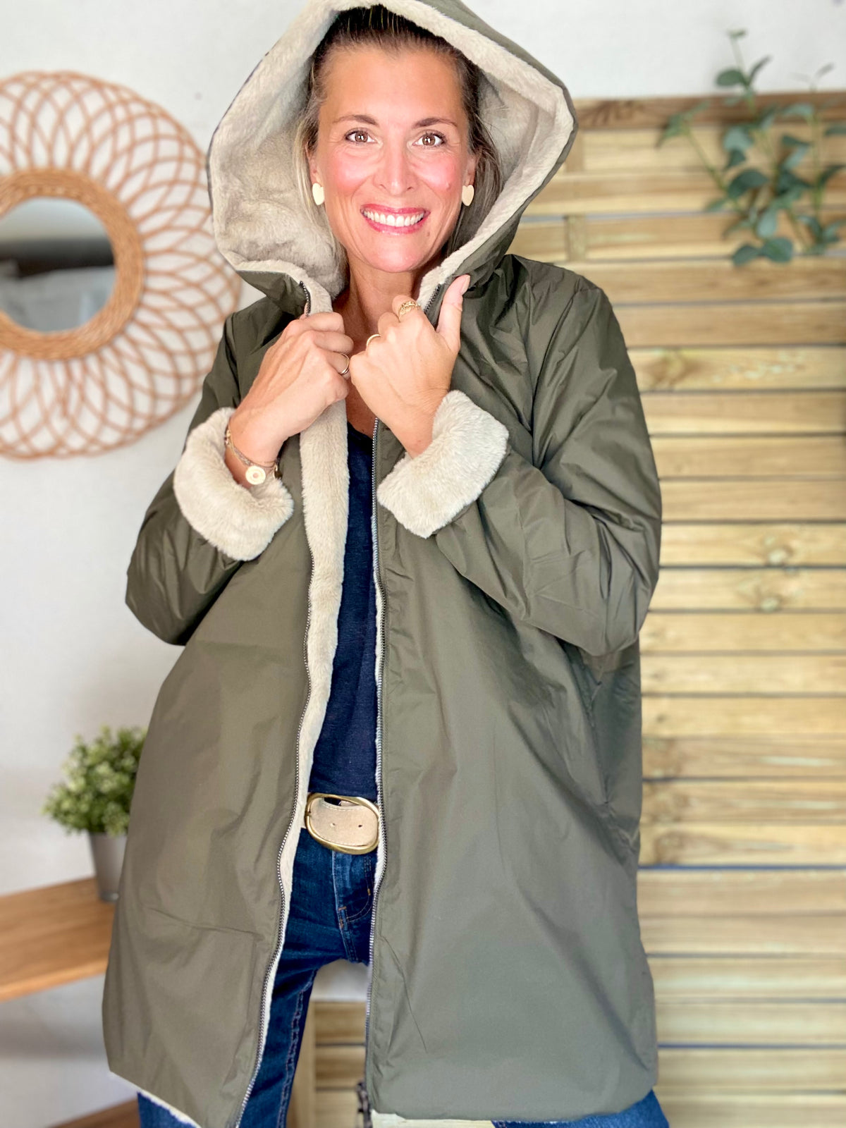 LAURA JO - Parka Imperméable réversible fourrée Kaki / Beige ALIX Long