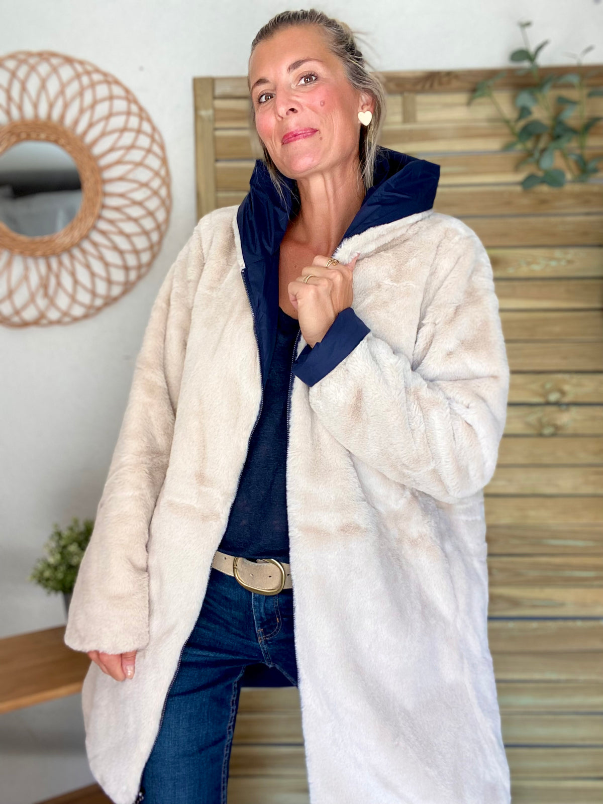 LAURA JO - Parka Imperméable réversible fourrée Bleu marine / Beige ALIX Long