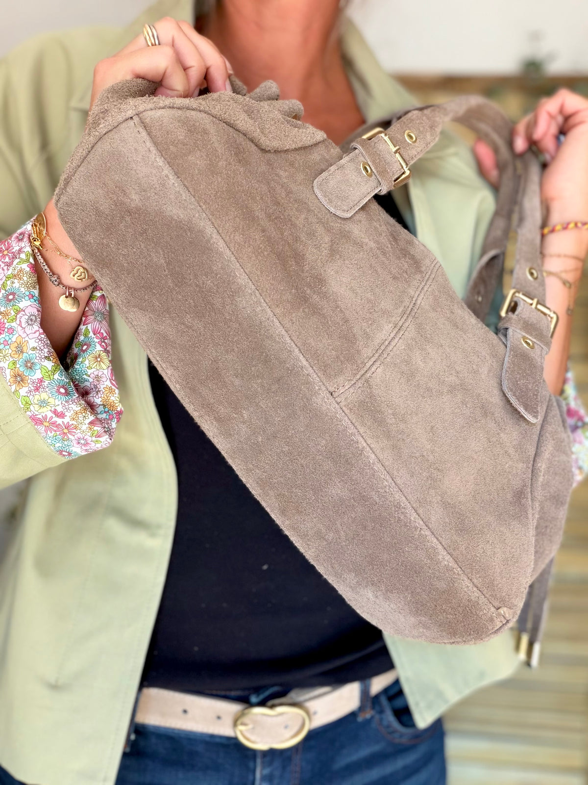Sac à main en cuir daim GERY - Taupe