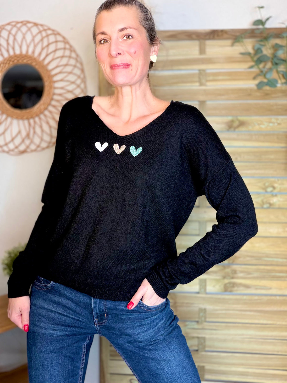 Pull fin 3 cœurs 💛 BERTILLE - Noir - FIN DE SÉRIE