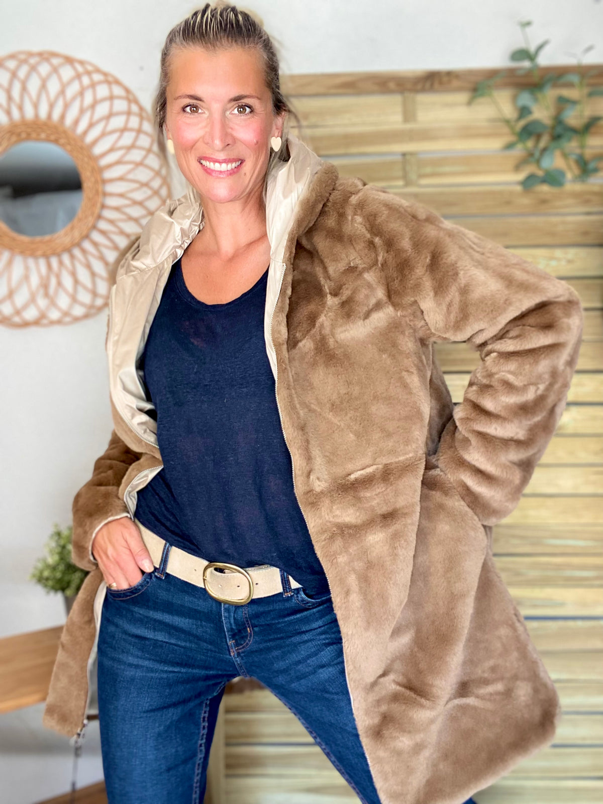 LAURA JO - Parka Imperméable réversible fourrée Sable irisé / Camel ALIX Long