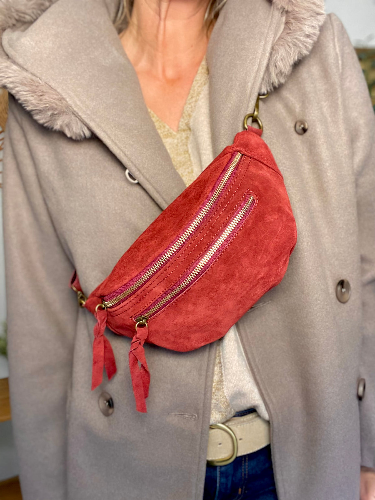 Sac banane double poche en cuir daim - OPALINE - Bordeaux