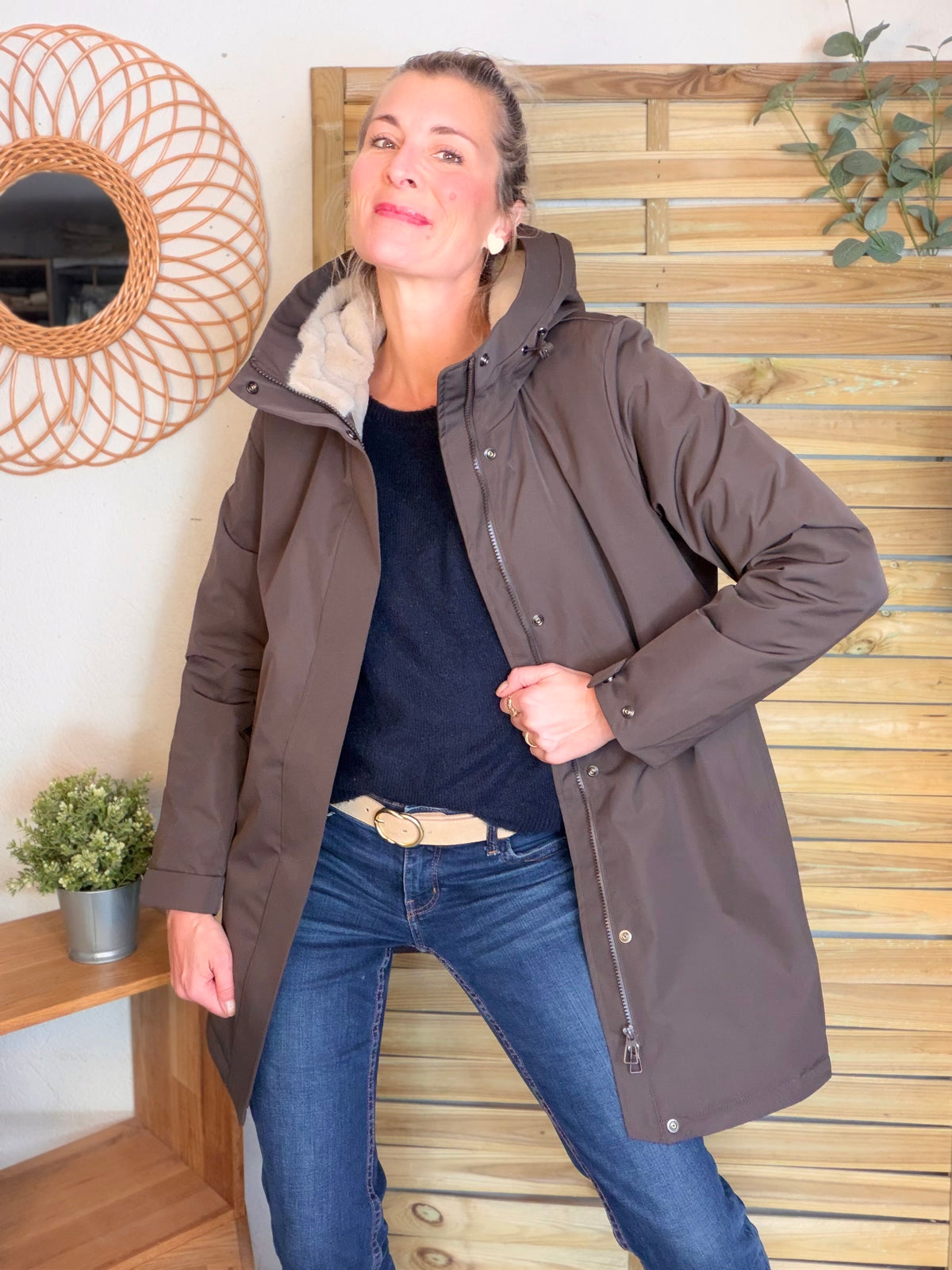 LAURA JO - Parka fourrée imperméable AMBRE LONG - Chocolat / Beige