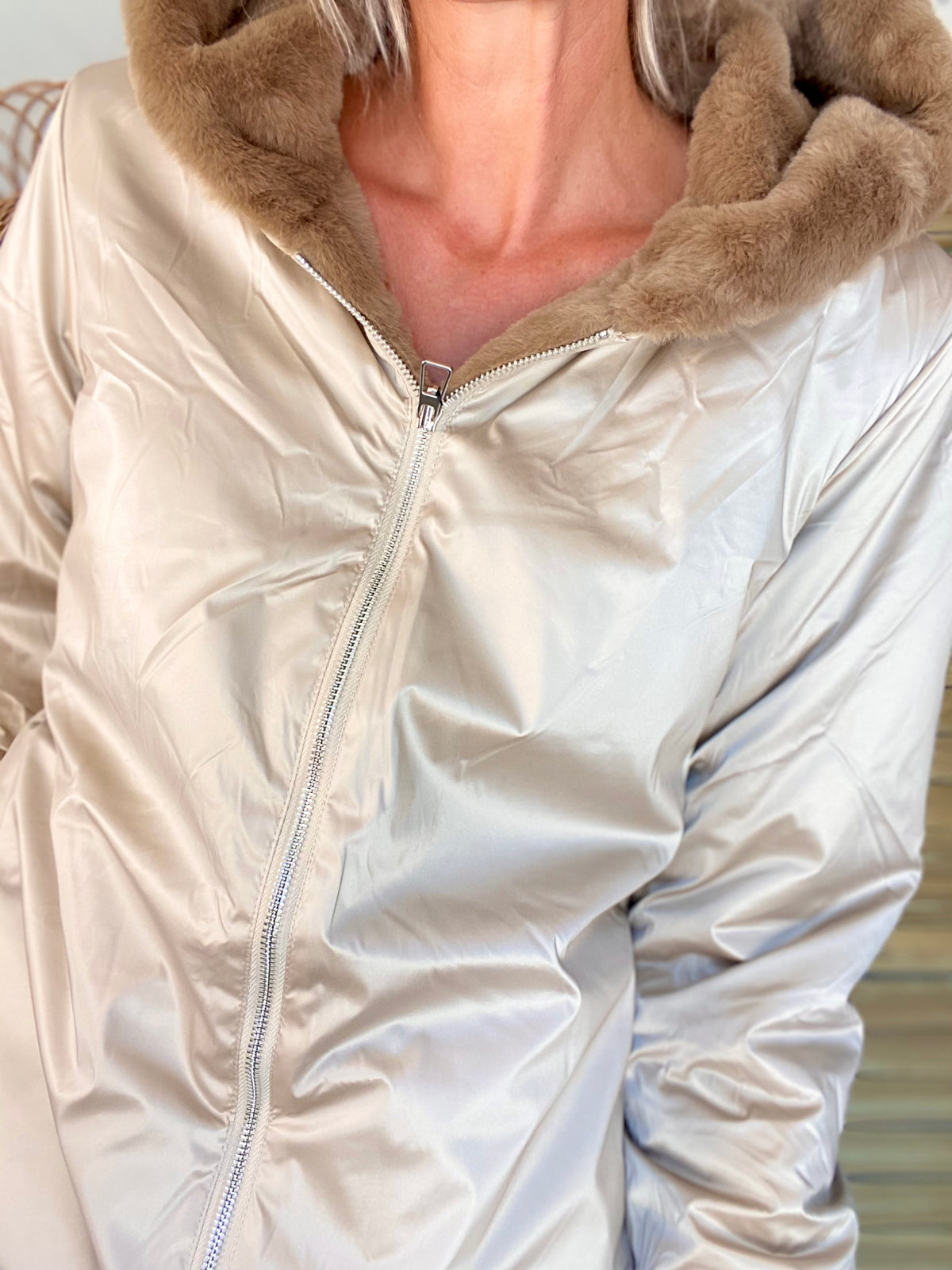 LAURA JO - Parka Imperméable réversible fourrée Sable irisé / Camel ALIX Long