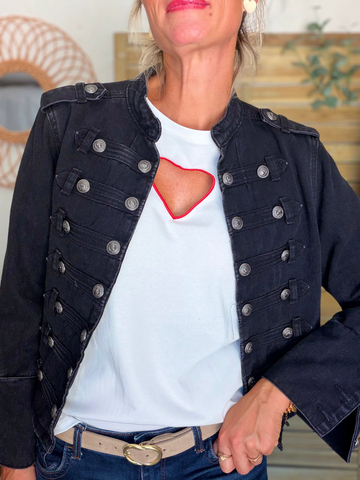 Veste officier courte en jean NAPOLÉON - Noir • DÉSTOCKAGE