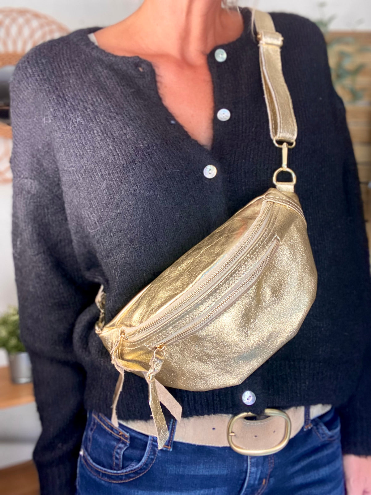 Sac banane en cuir irisé double poche - OPALE - Doré / doré