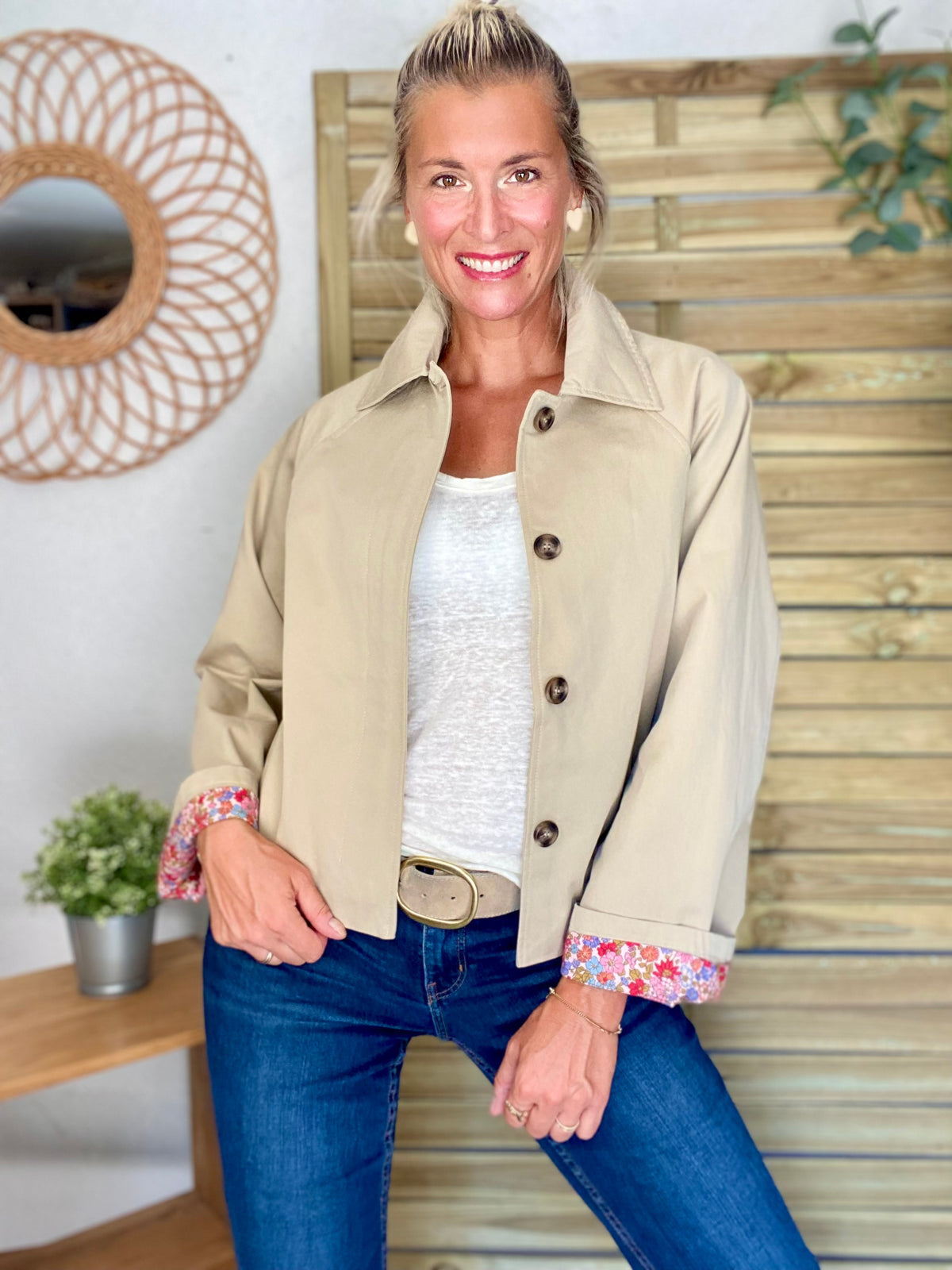 Veste Trench en coton beige avec Liberty - MAHAUT - LILI et LALA