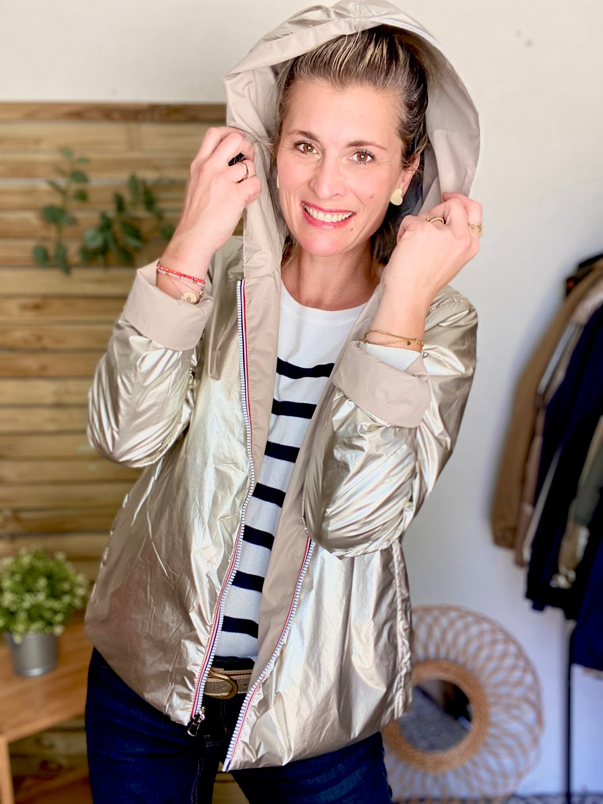 LAURA JO - Imperméable réversible rembourré LOUISON COURT - Beige / Doré • DÉSTOCKAGE sur Taille XL