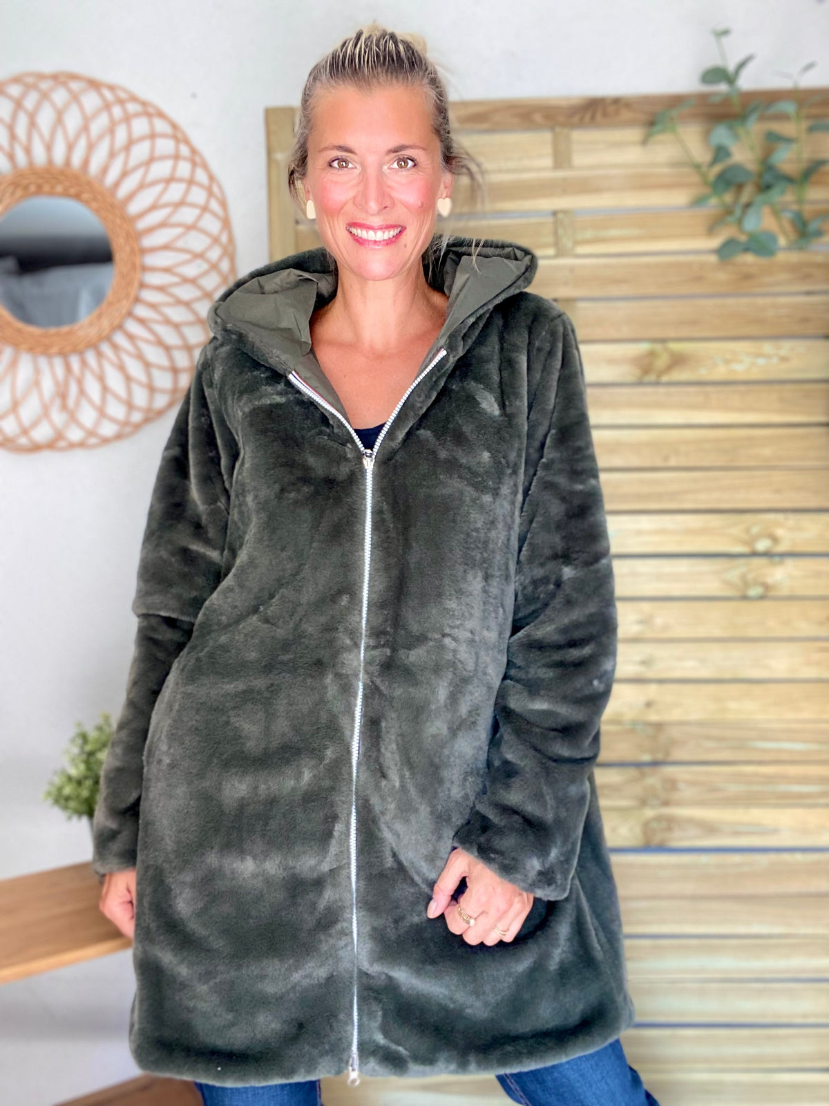 LAURA JO - Parka Imperméable réversible fourrée Kaki / Kaki ALIX Long • DÉSTOCKAGE sur Taille S