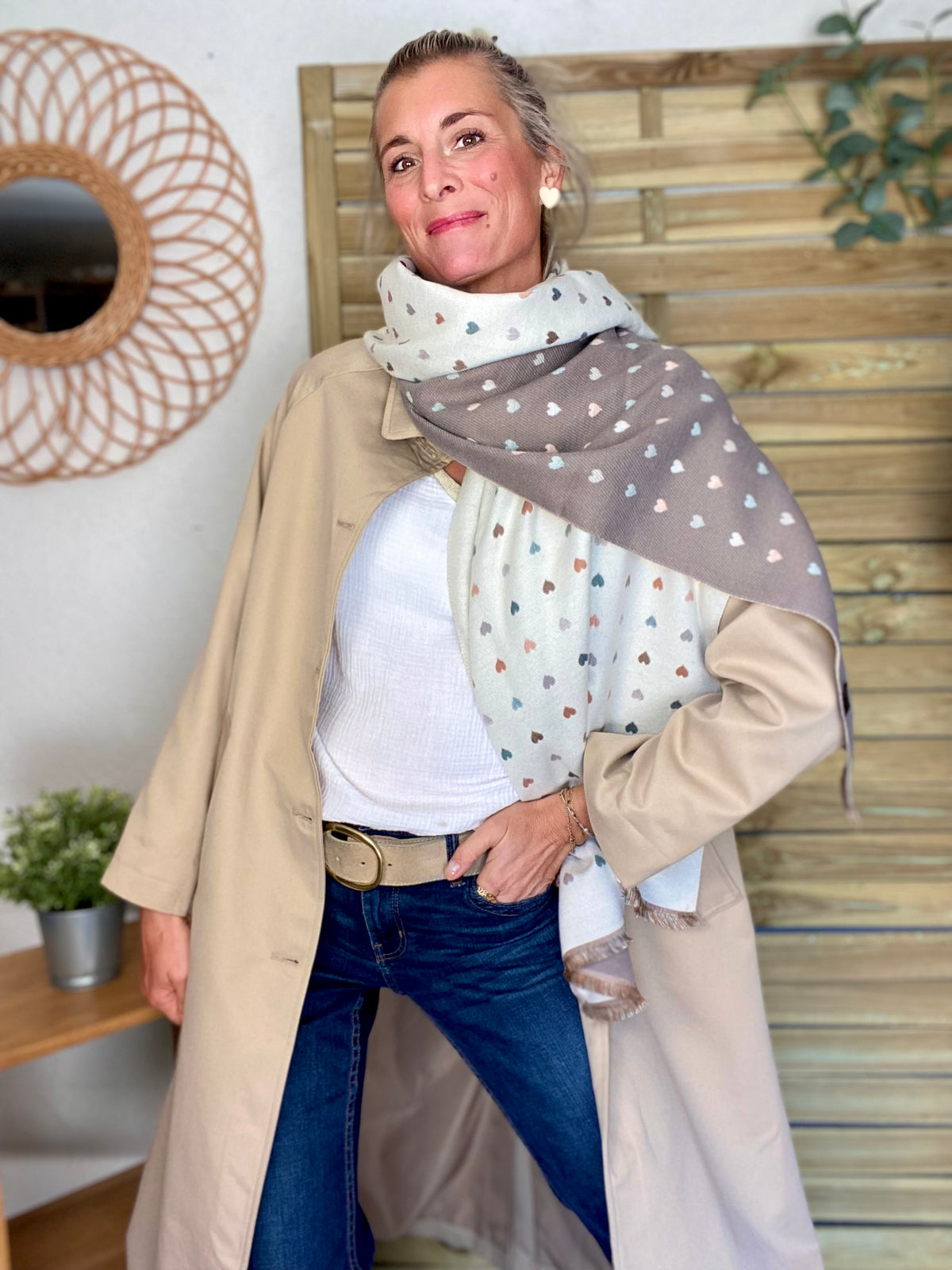 Veste Trench en coton, revers carreaux - YSEULT long Beige