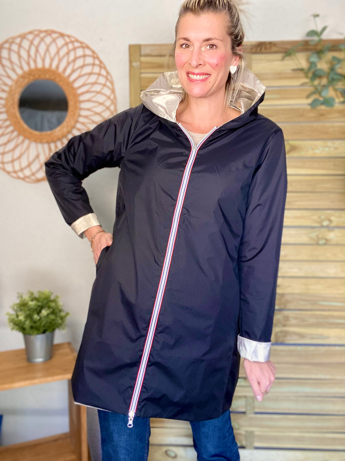LAURA JO - Imperméable réversible léger GARANCE LONG - Noir/Doré • DESTOCKAGE sur Taille S