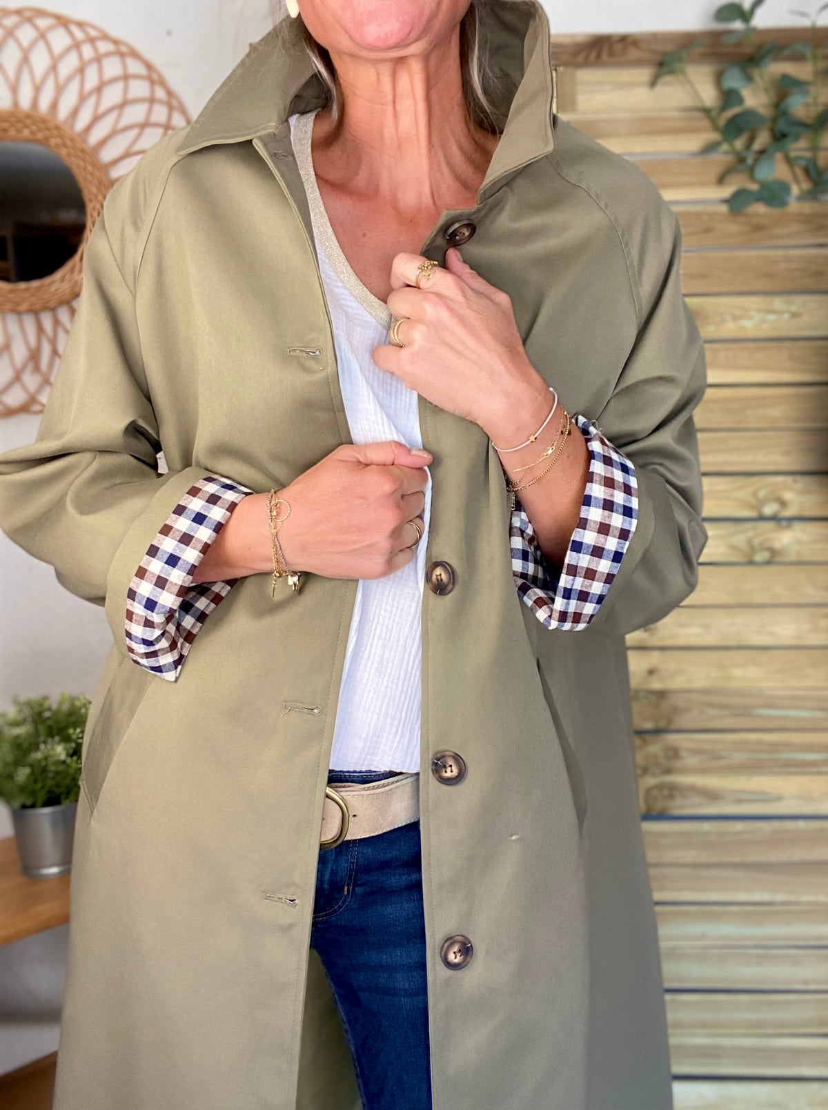 Veste Trench en coton, revers carreaux - YSEULT long Kaki