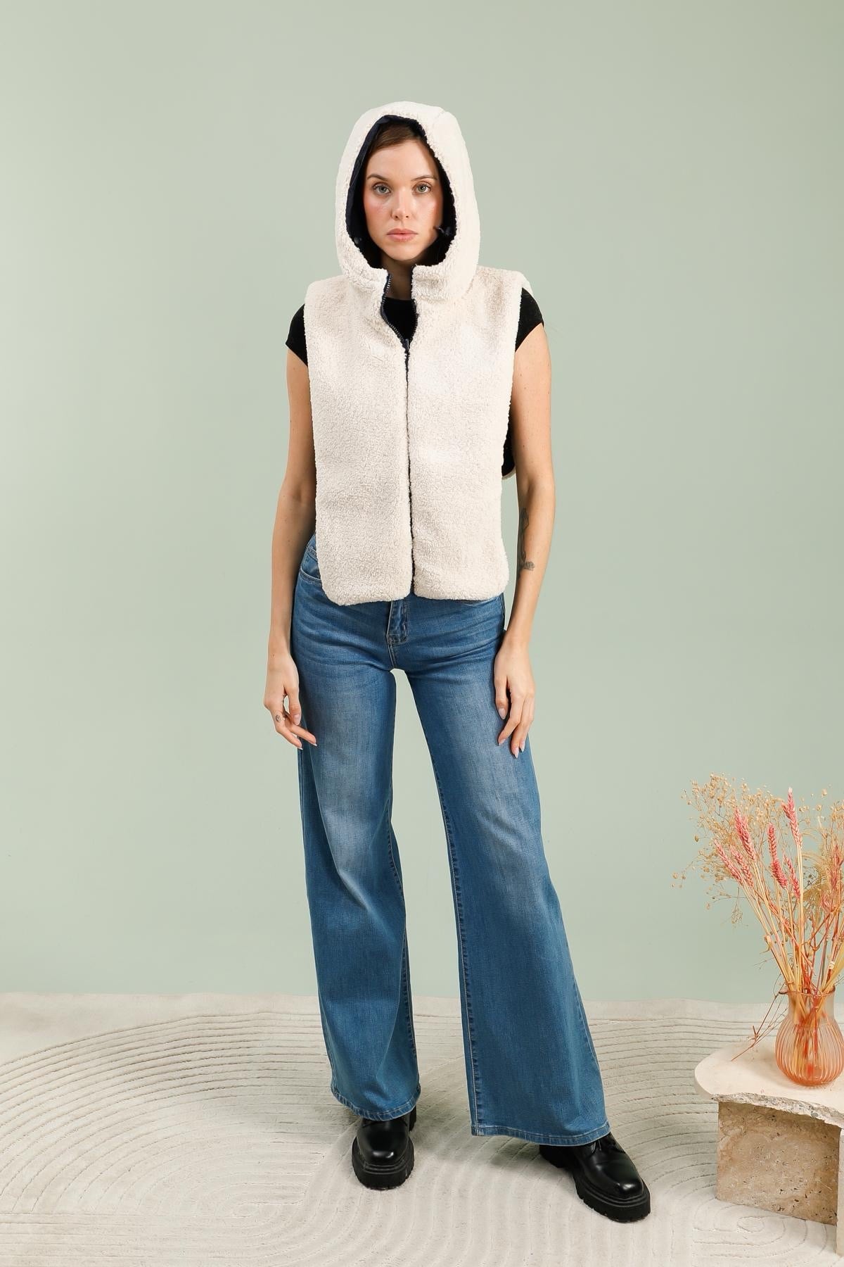 LAURA JO - Col capuche amovible réversible TONY - Bleu marine / Sherpa écru