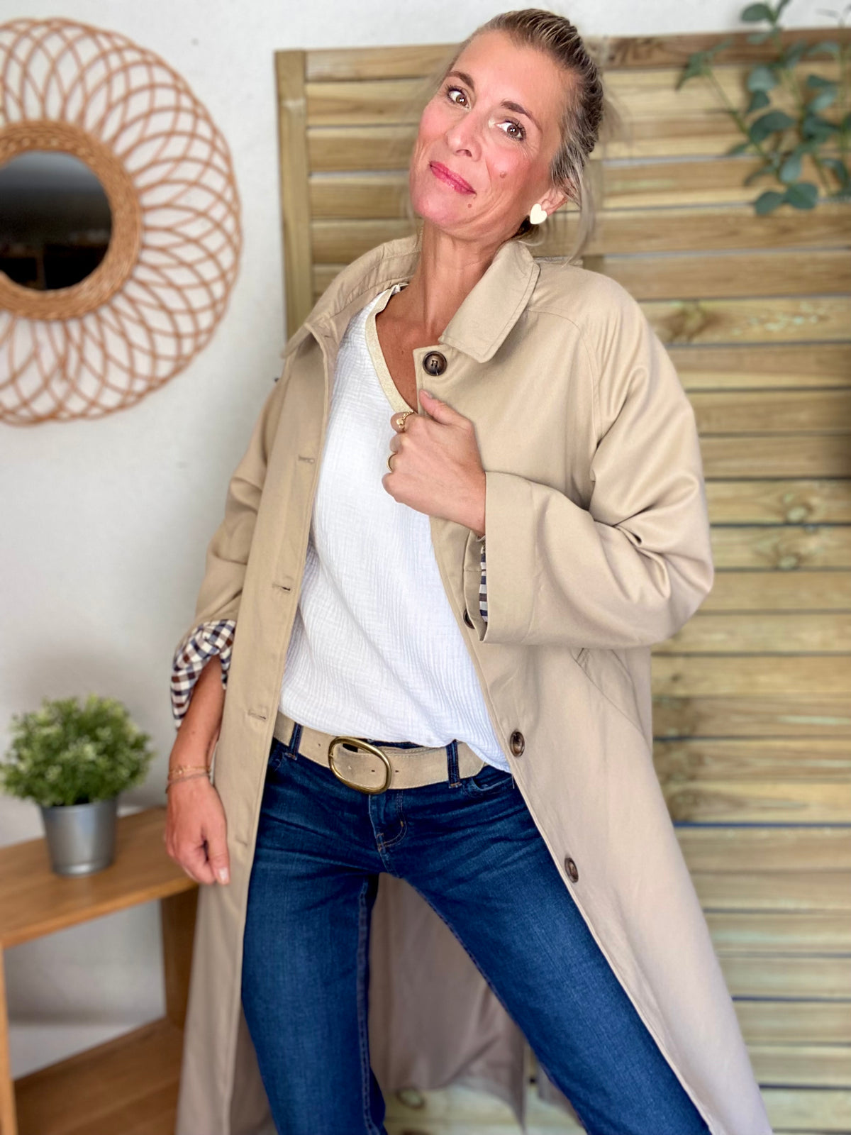 Veste Trench en coton, revers carreaux - YSEULT long Beige