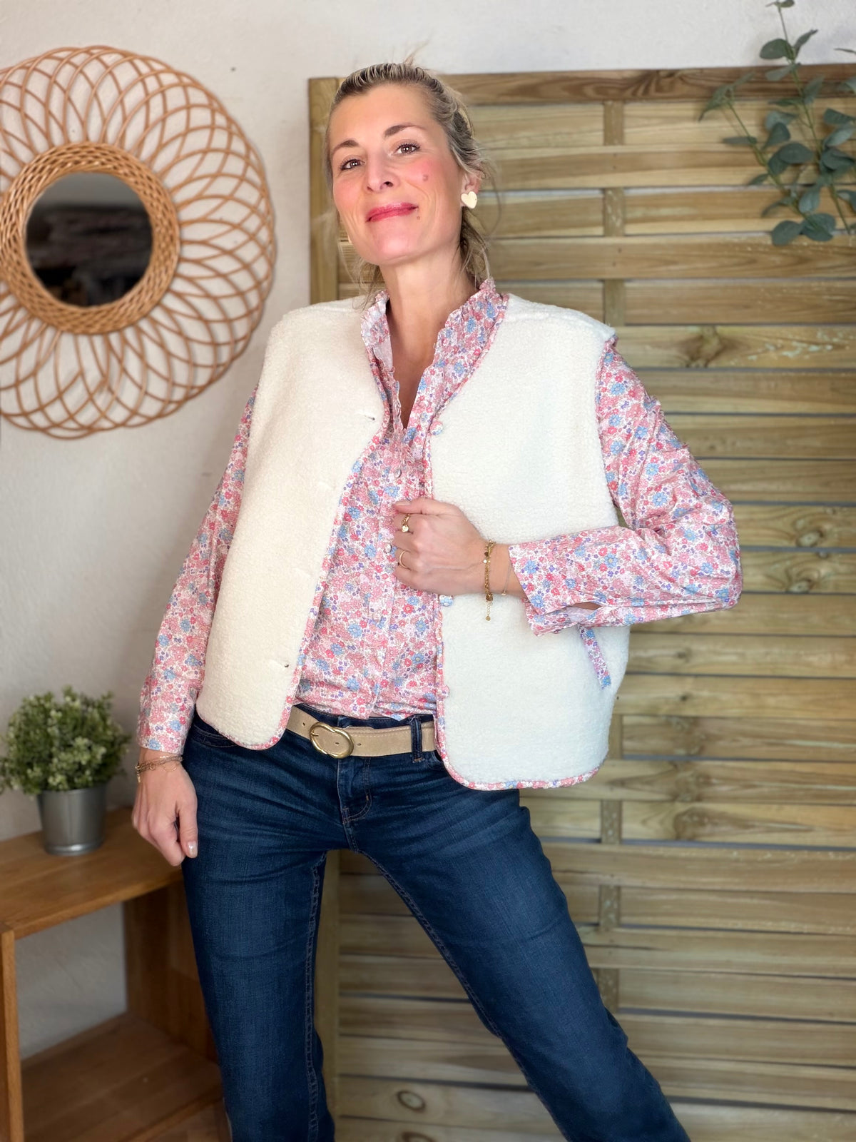 Chemise imprimée Liberty rose clair, col volanté SOLANE (DÉSTOCKAGE sur Taille S)