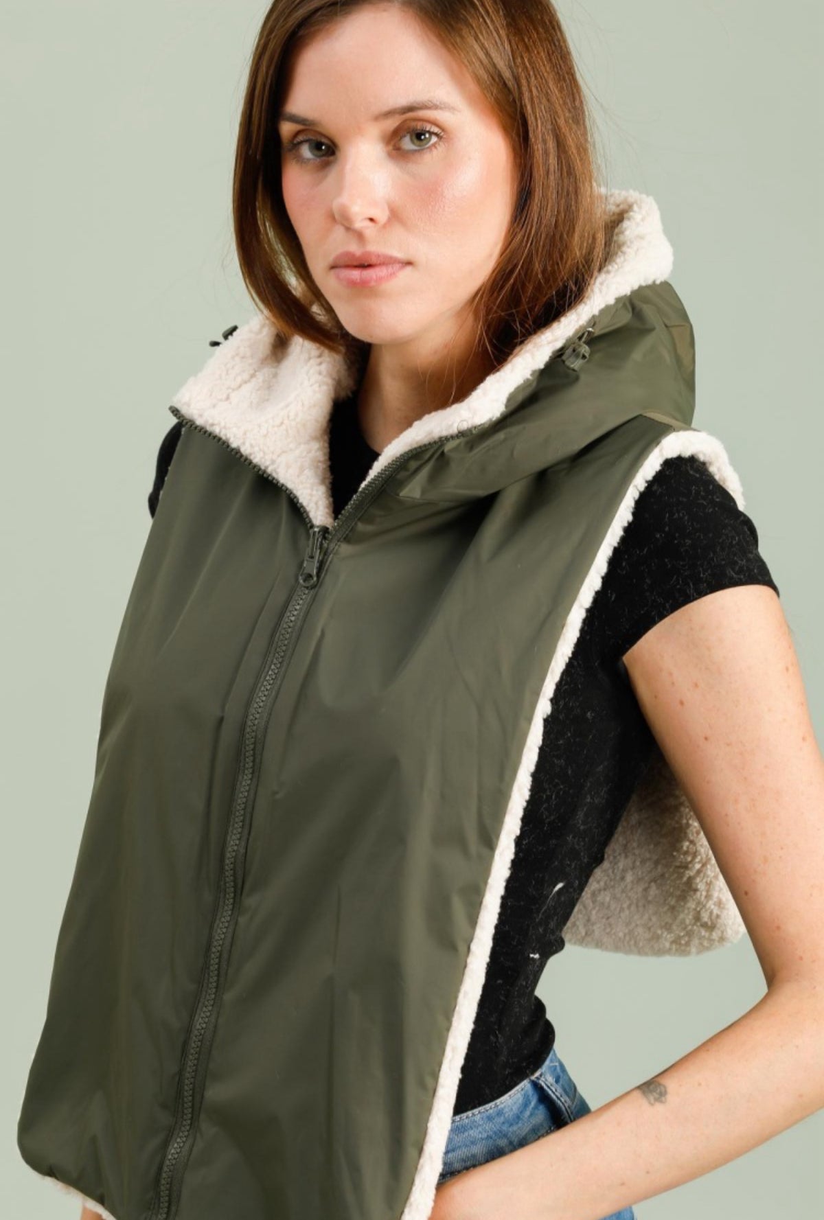 LAURA JO - Col capuche amovible réversible TONY - Kaki / Sherpa écru