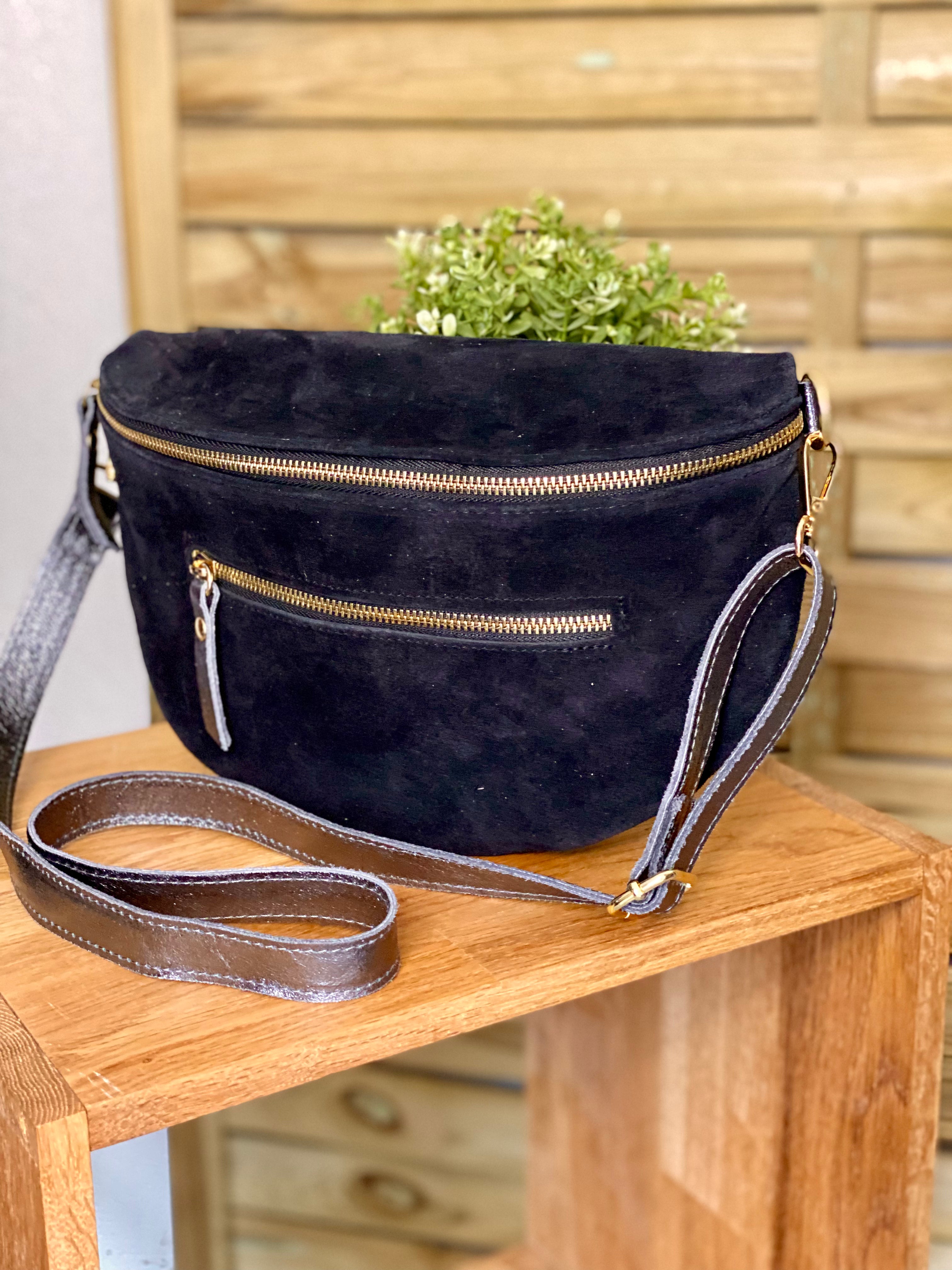 Sac banane XL 2 zips en cuir velours et irisé 30cm TERRY - Noir
