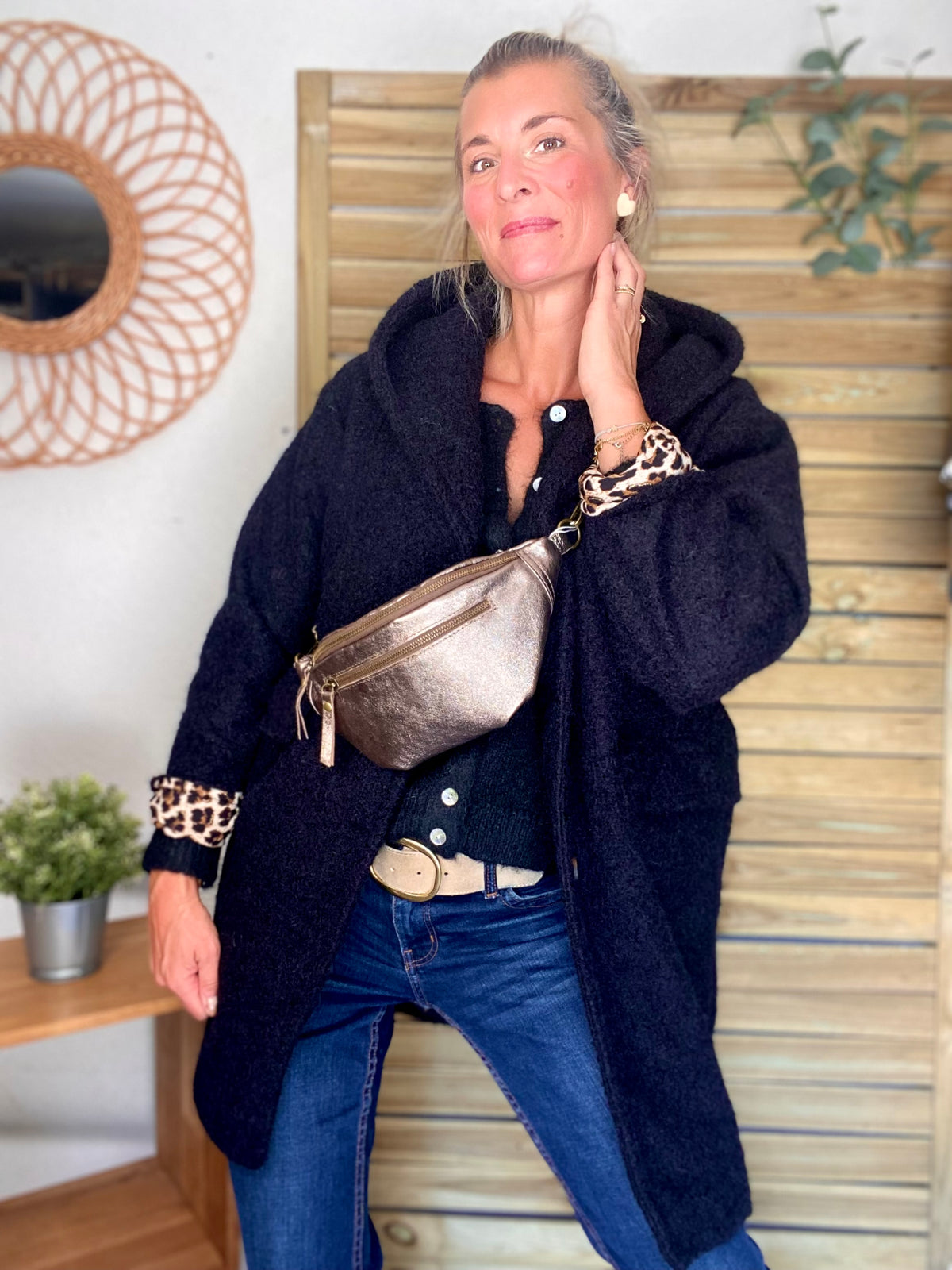 Sac banane en cuir irisé double poche - OPALE - Bronze / Laiton
