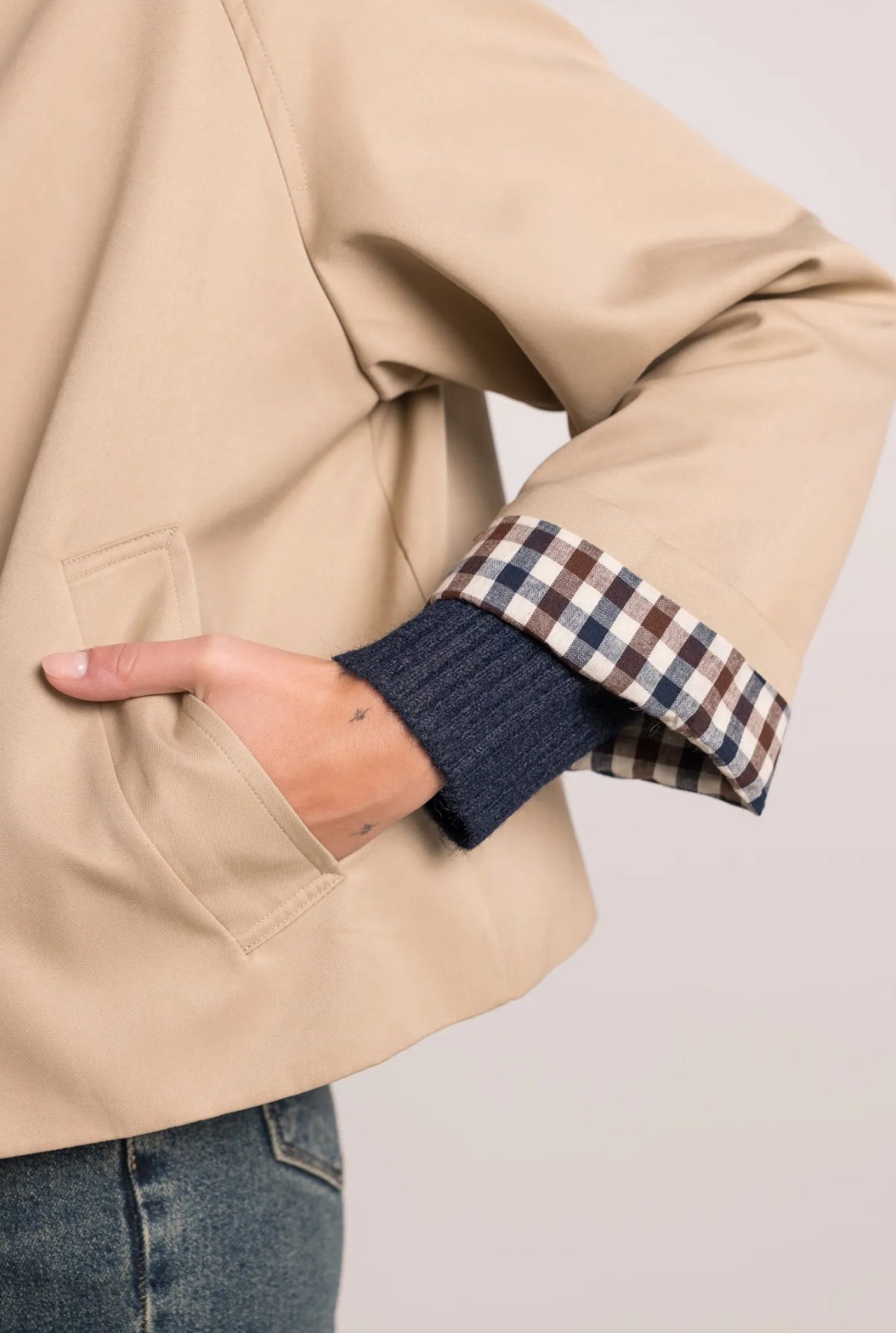 Veste Trench en coton, revers carreaux - YSEULT court Beige