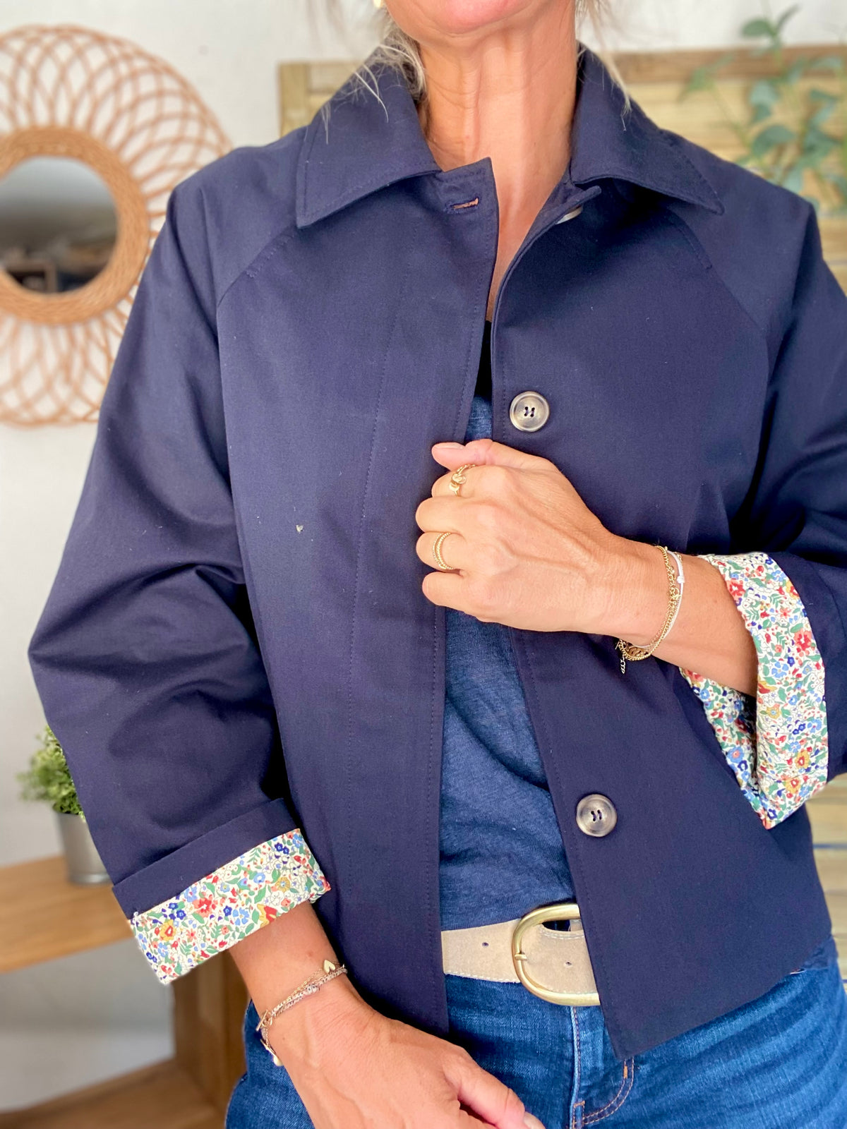 Veste Trench en coton bleu marine avec Liberty - MAHAUT- LILI et LALA