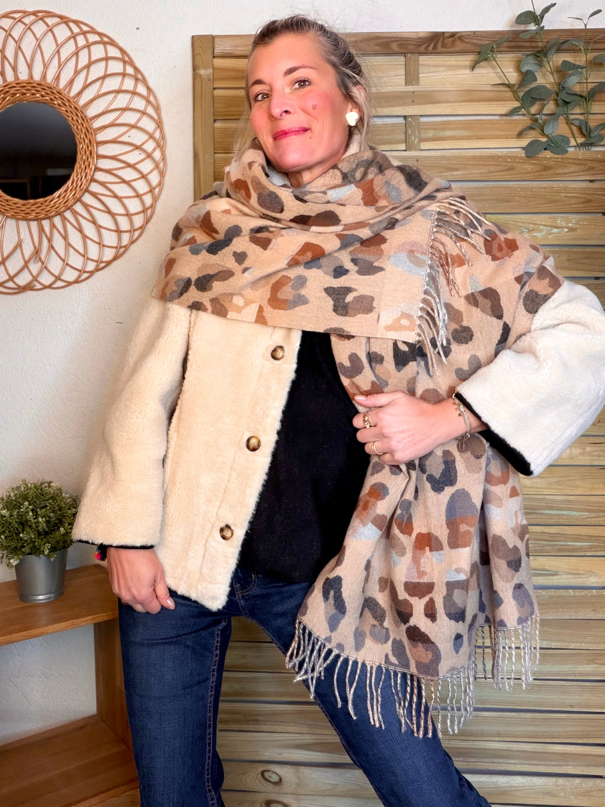 Écharpe douce AGNÈS Léo multico Camel 🐆