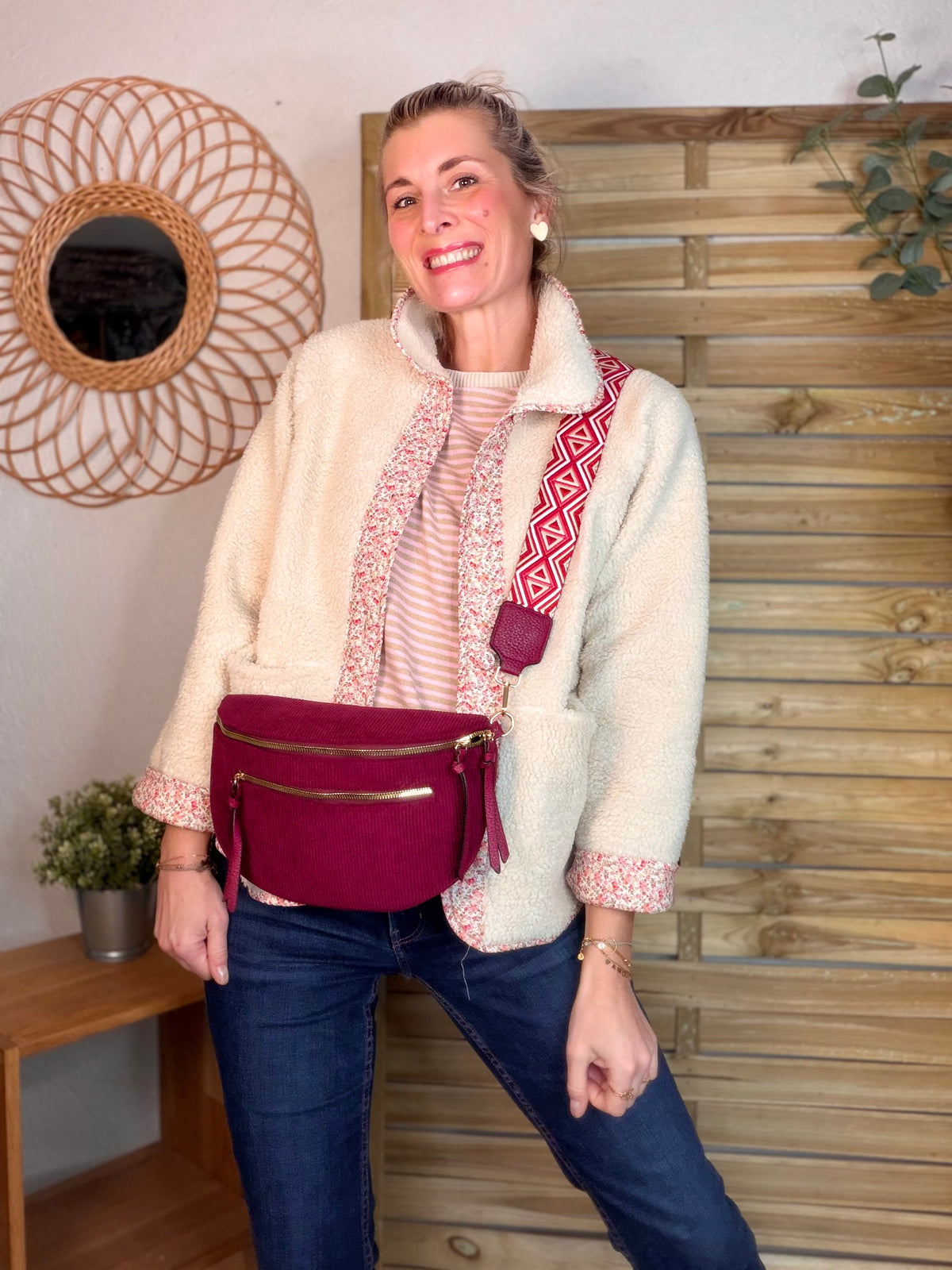 Sac banane en velours côtelé, sangle fantaisie - KATY - Bordeaux - FIN DE SÉRIE