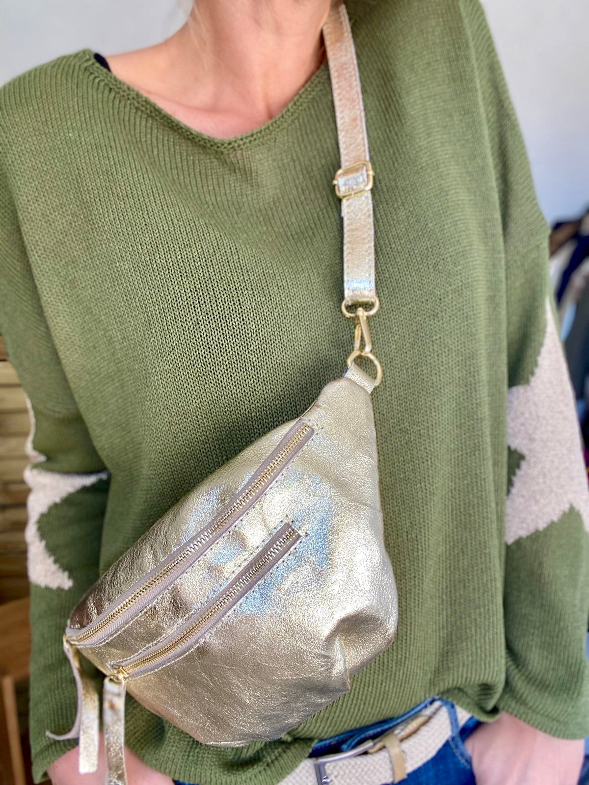 Sac banane en cuir irisé double poche - ERYN fronces - Doré
