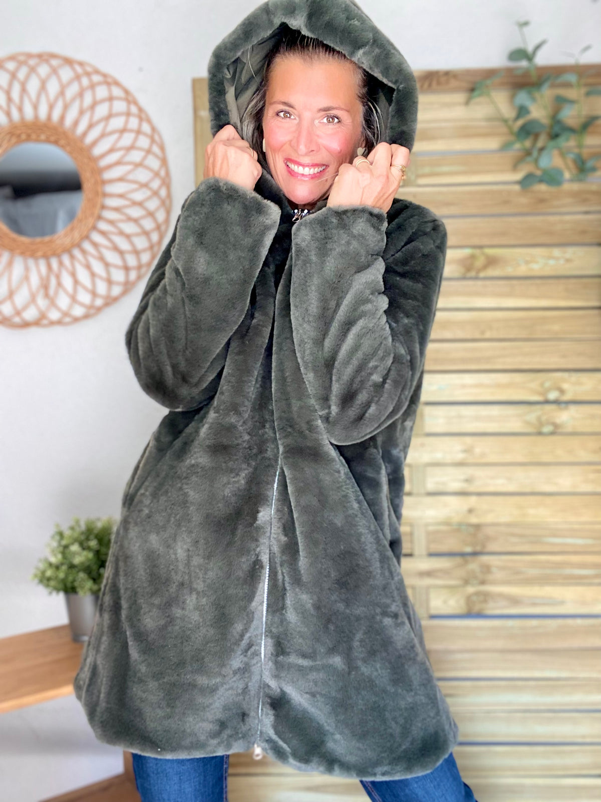 LAURA JO - Parka Imperméable réversible fourrée Kaki / Kaki ALIX Long • DÉSTOCKAGE sur Taille S