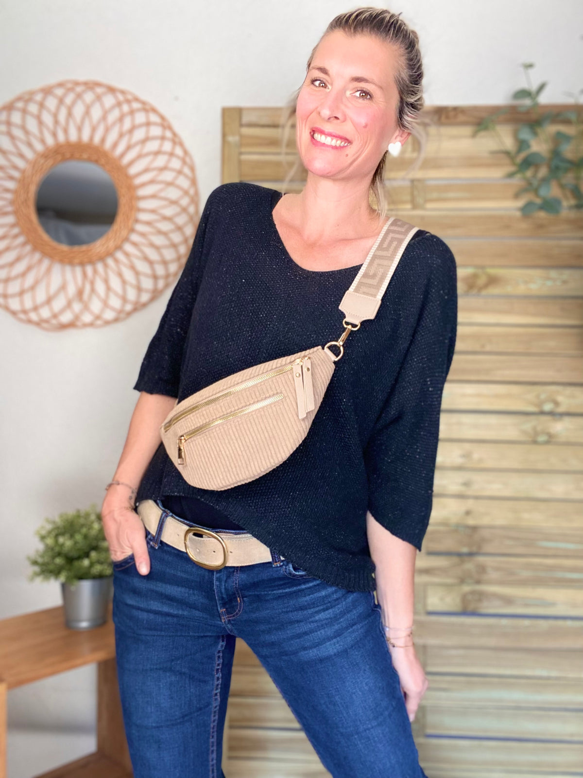 Sac banane en velours côtelé 2 zips et sangle fantaisie - CHARLY - Beige taupe (côtelé large)