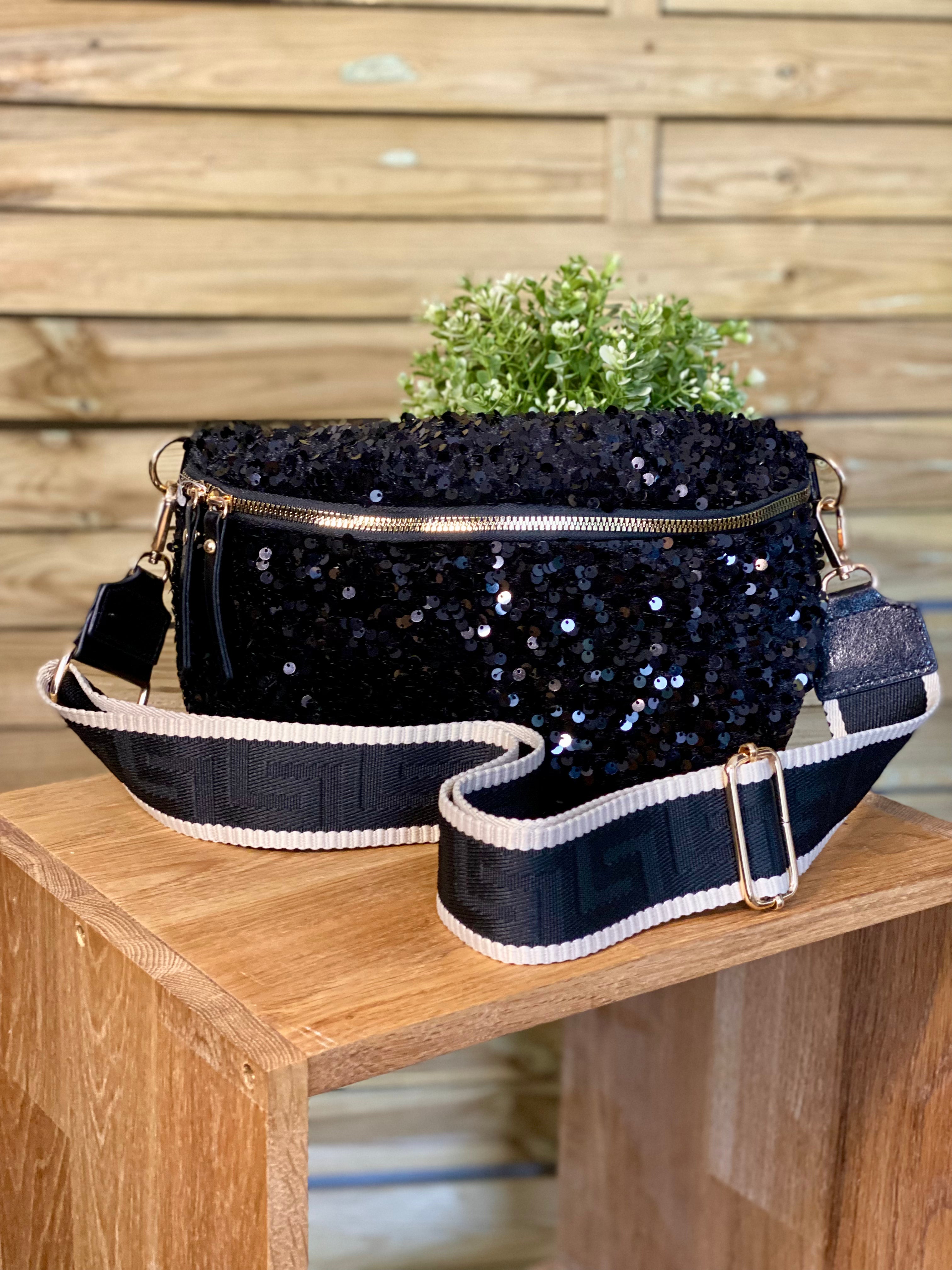 Sac banane L à sequins 30cm et sangle fantaisie - ROXY - Noir