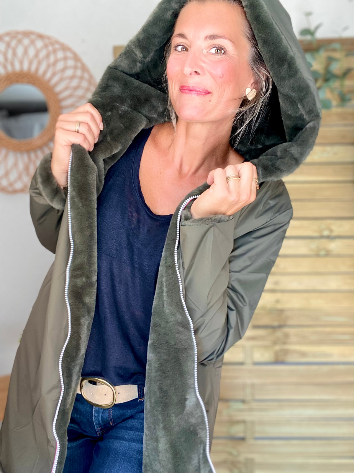 LAURA JO - Parka Imperméable réversible fourrée Kaki / Kaki ALIX Long • DÉSTOCKAGE sur Taille S