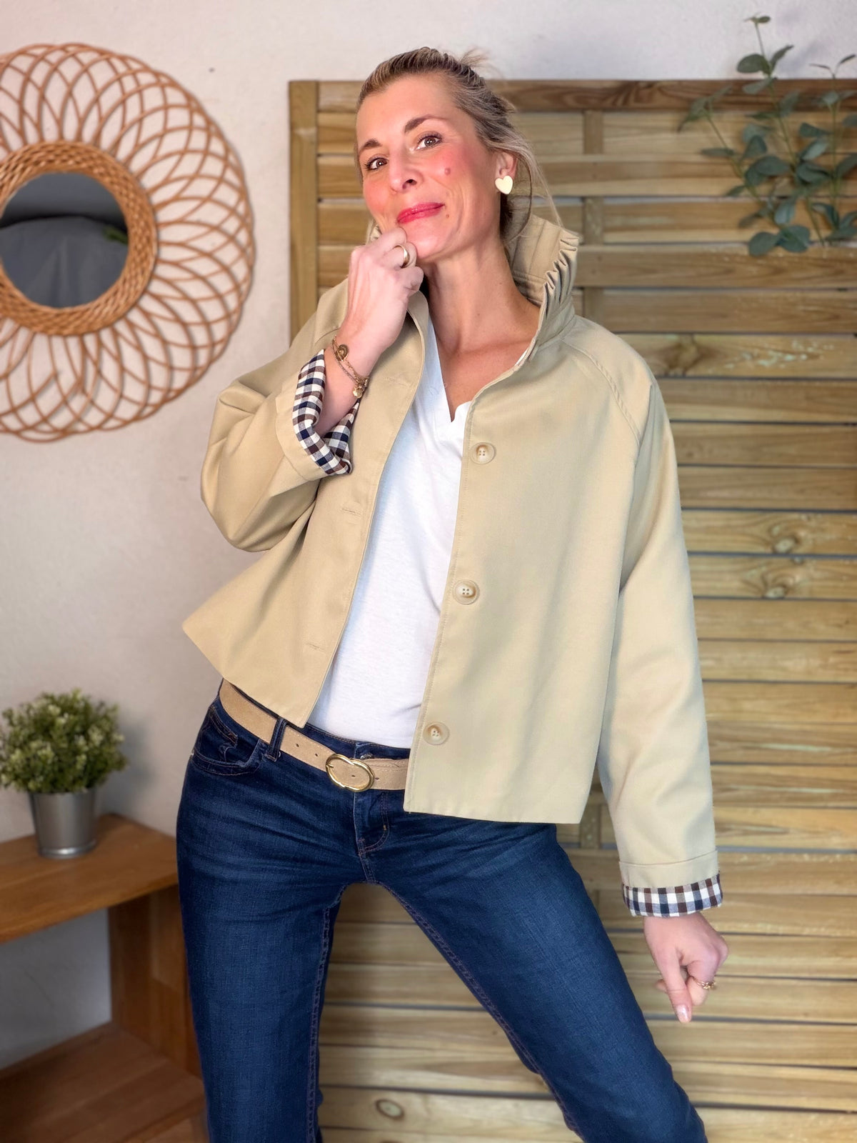 Veste Trench col victorien, revers carreaux - VICKY Beige
