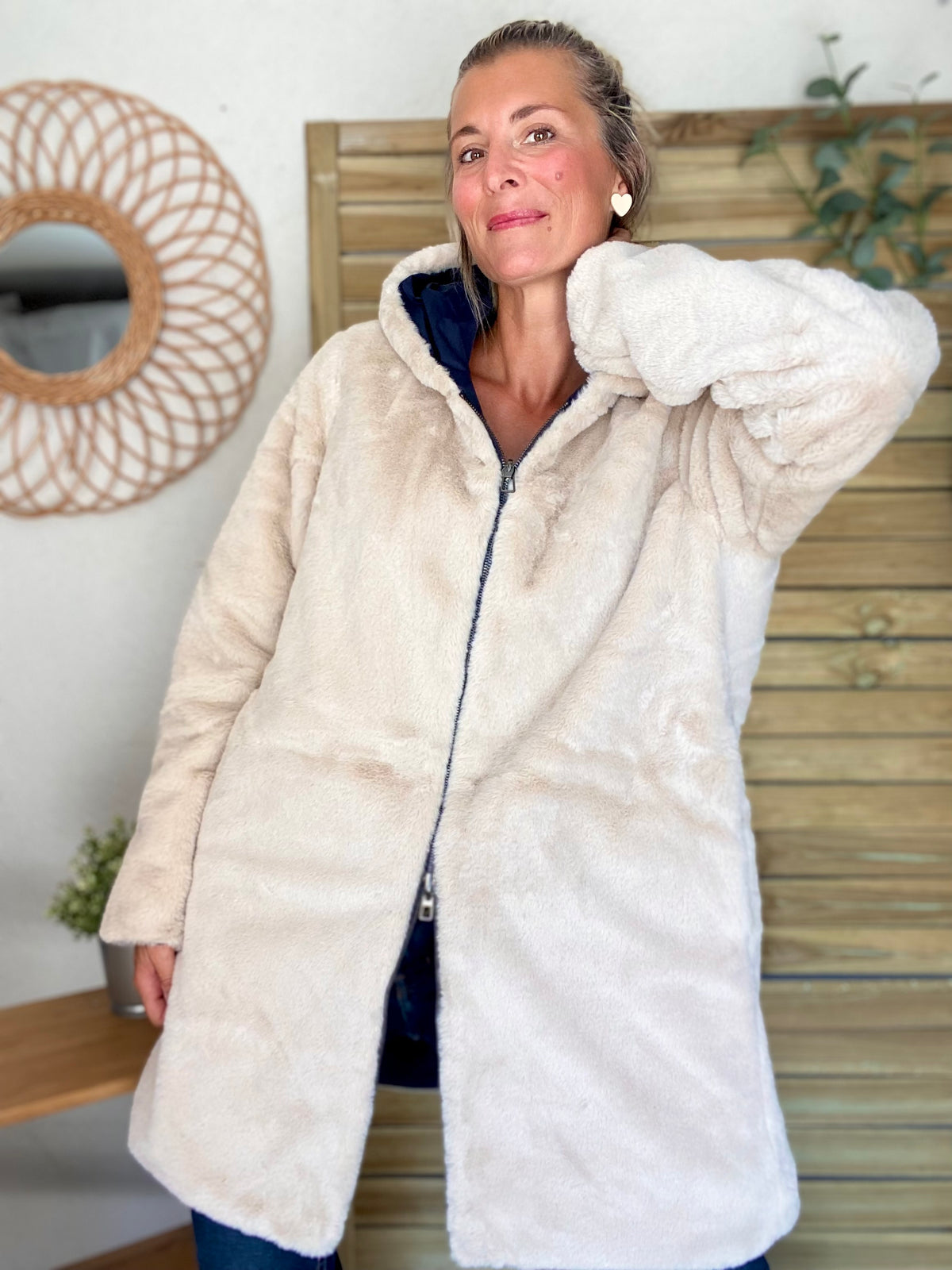 LAURA JO - Parka Imperméable réversible fourrée Bleu marine / Beige ALIX Long