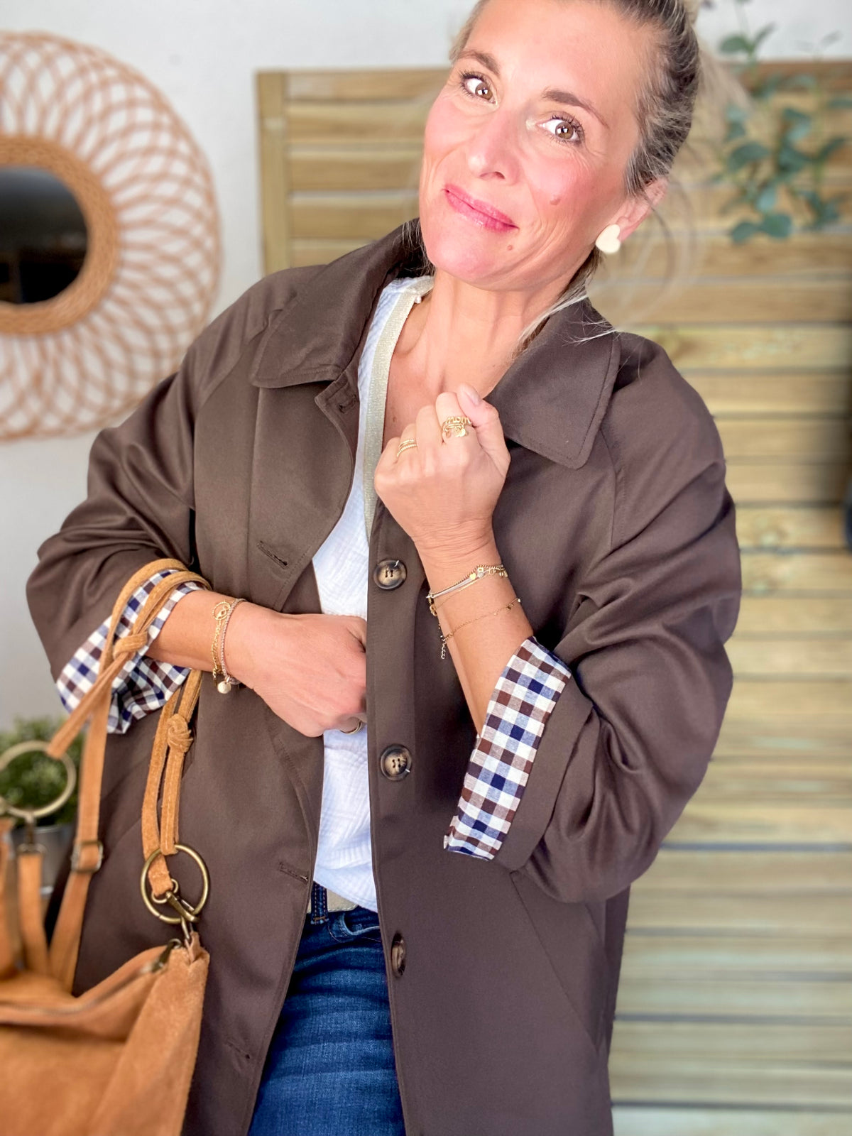 Veste Trench en coton, revers carreaux - YSEULT long Chocolat